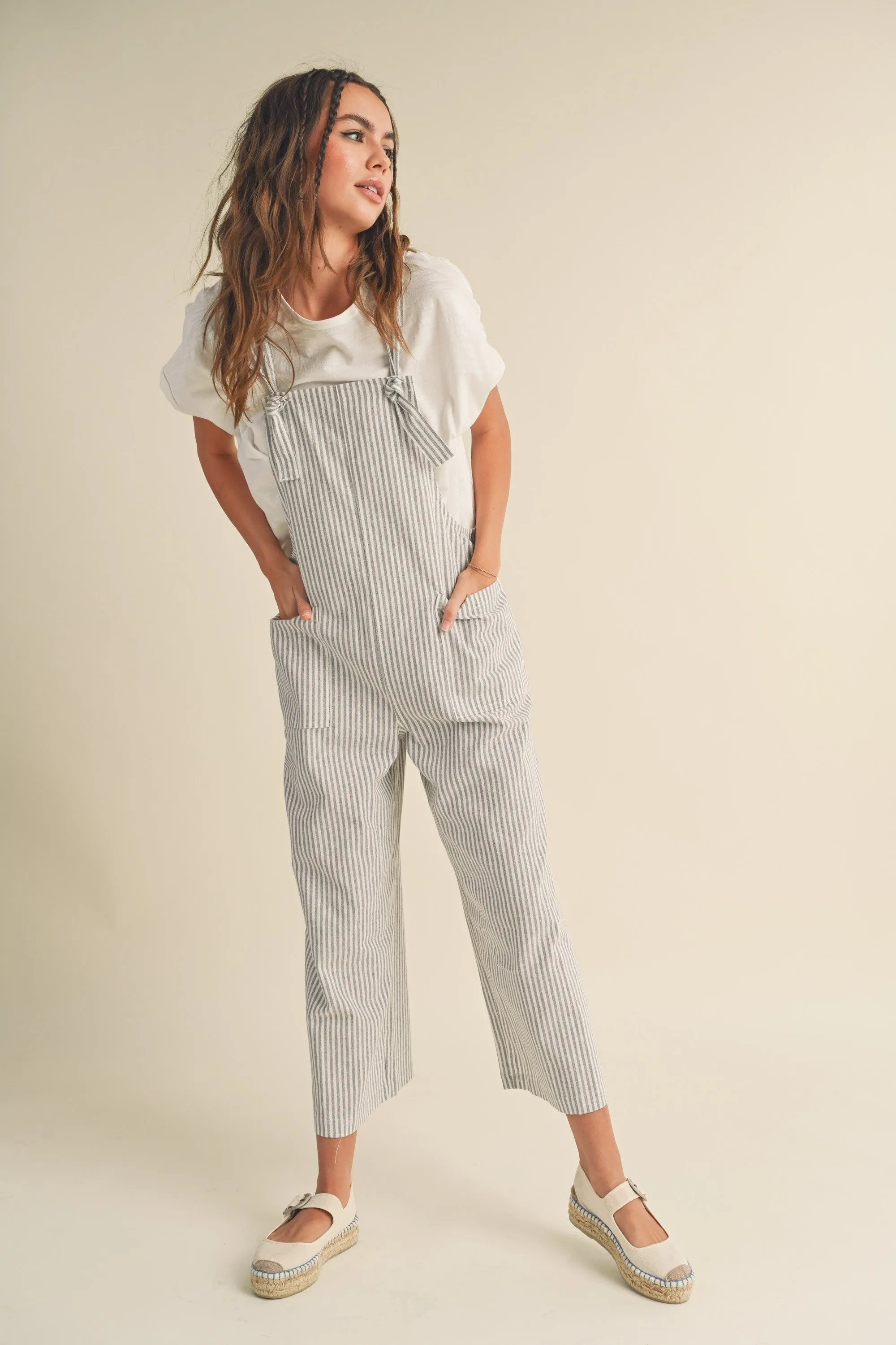 Grey Striped Linen Overalls sold by Pinkblush product image thumbnail 2