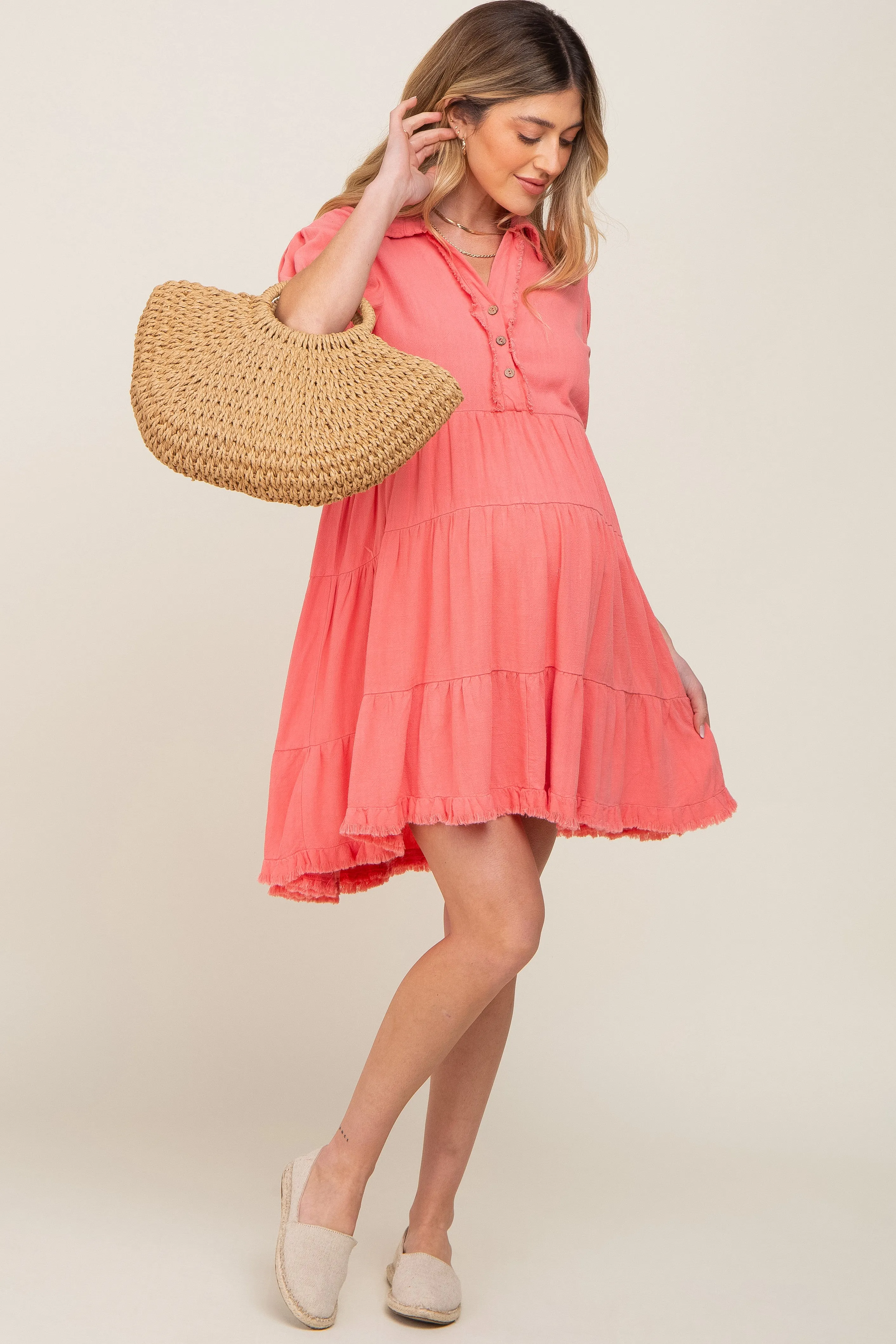 Coral Tiered Collared Linen Maternity Dress sold by Pinkblush product image thumbnail 5