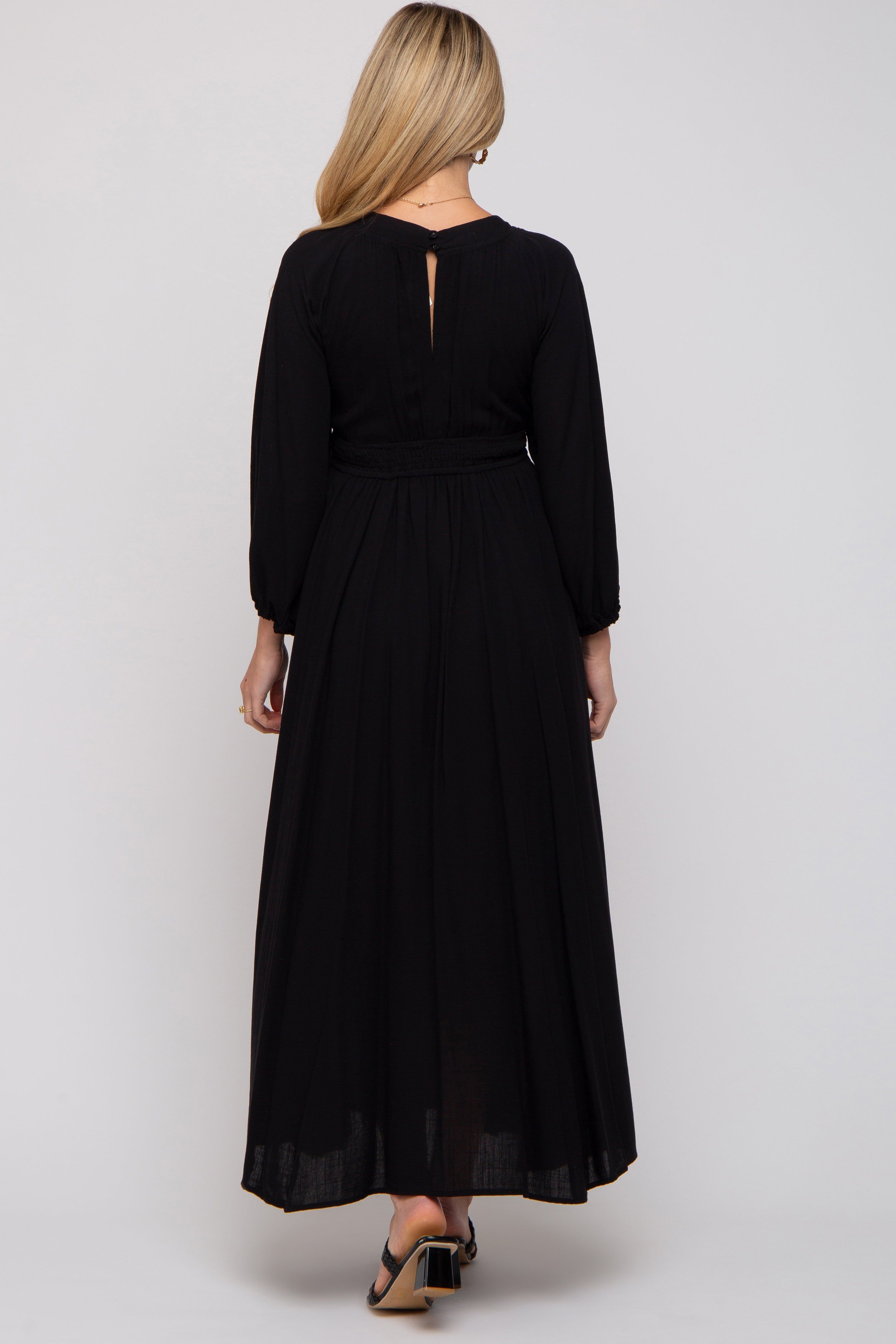 Black Deep V-Neck Smocked Waist Maternity Maxi Dress sold by Pinkblush product image thumbnail 3
