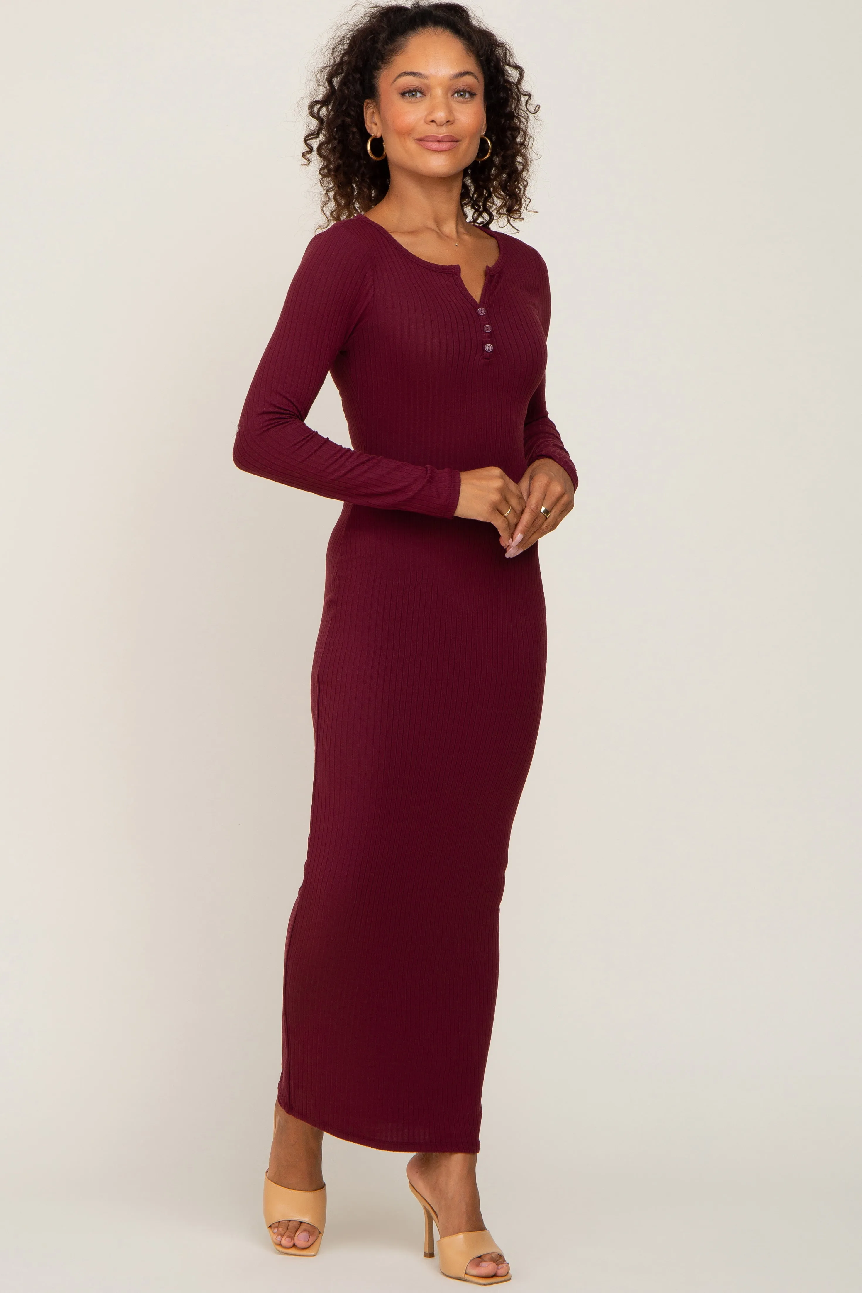 Burgundy Ribbed Long Sleeve Maternity Maxi Dress sold by Pinkblush product image thumbnail 5