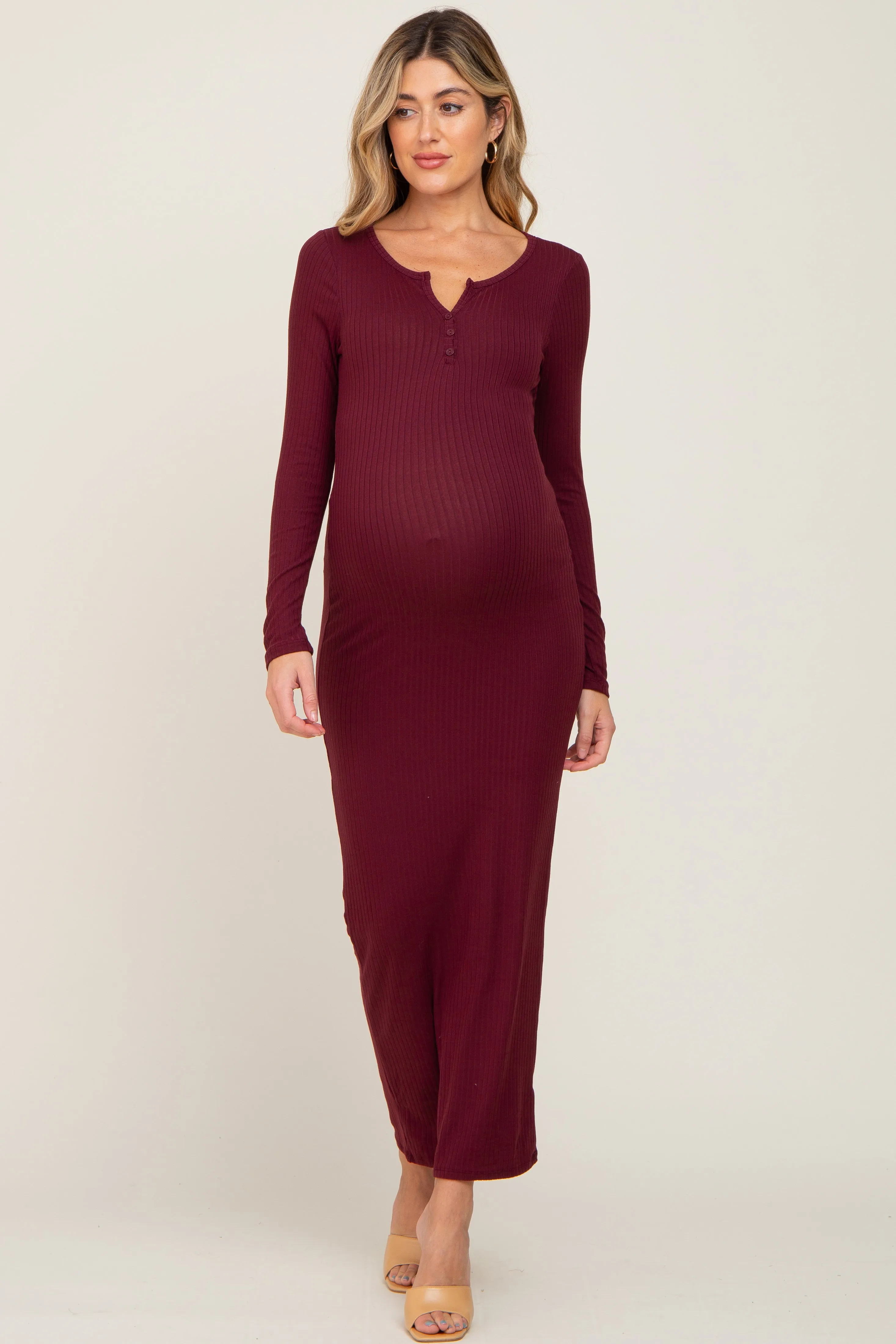 Burgundy Ribbed Long Sleeve Maternity Maxi Dress sold by Pinkblush product image thumbnail 2