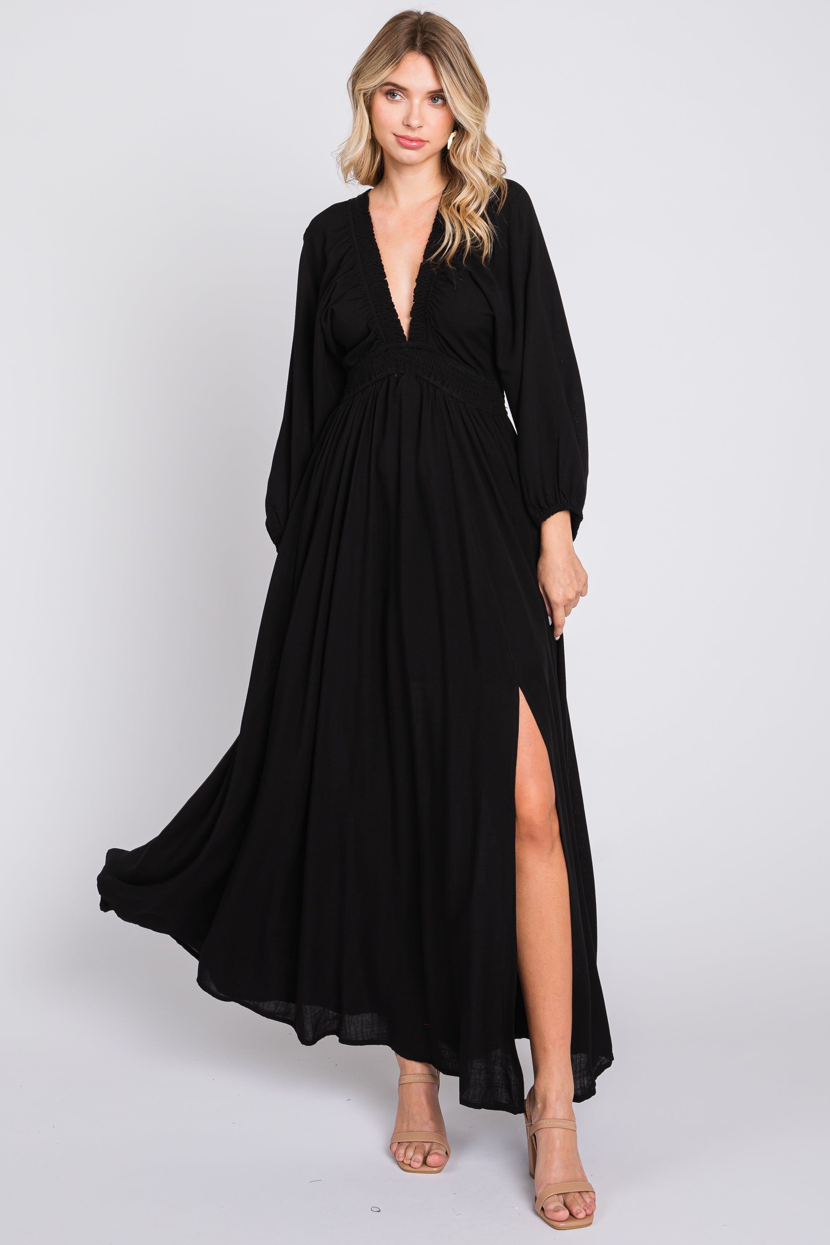 Black Deep V-Neck Smocked Waist Maternity Maxi Dress sold by Pinkblush product image thumbnail 4