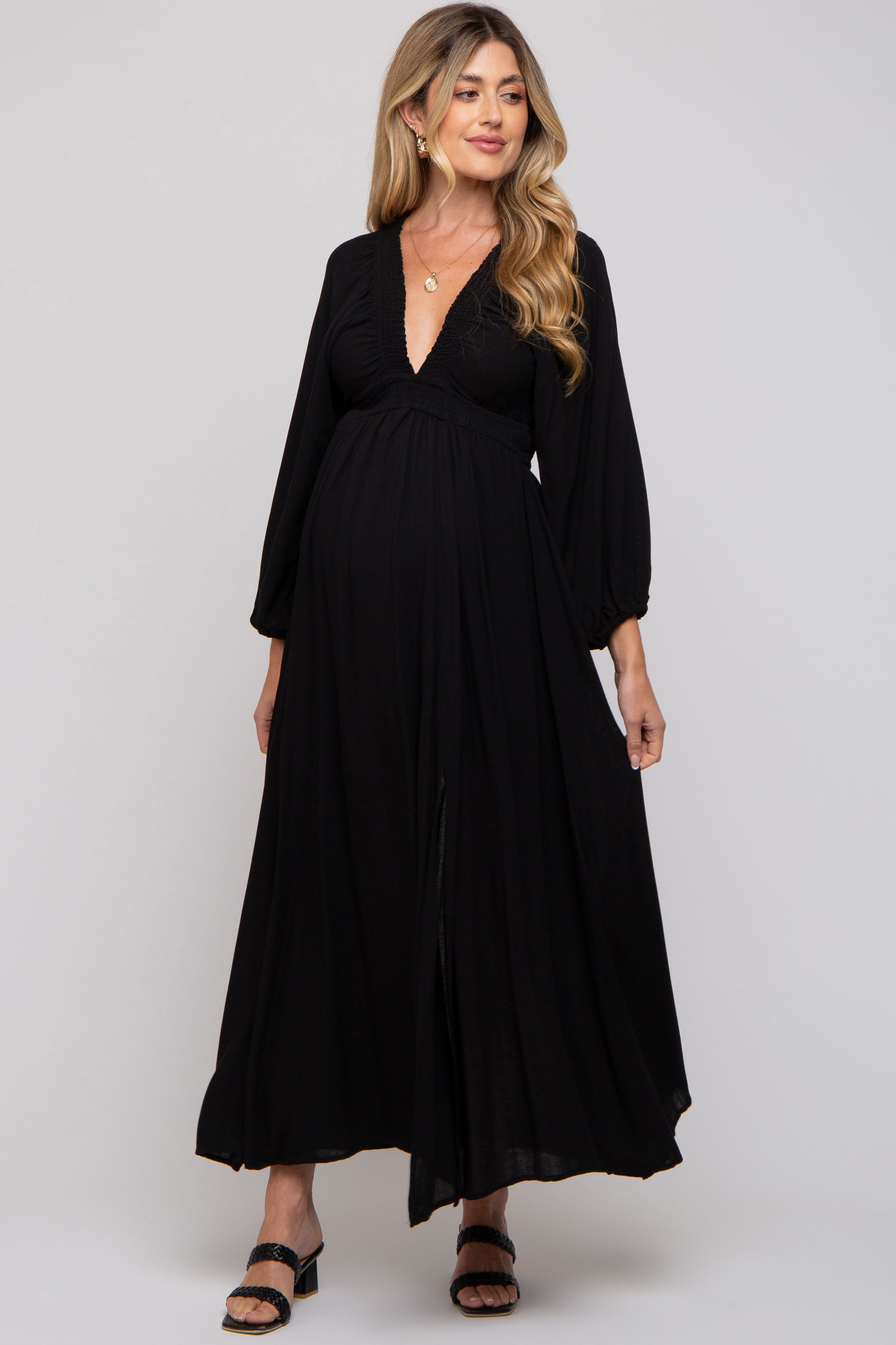 Black Deep V-Neck Smocked Waist Maternity Maxi Dress sold by Pinkblush