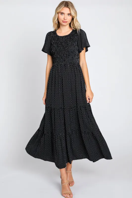Black Printed Short Sleeve Tiered Maxi Dress sold by Pinkblush