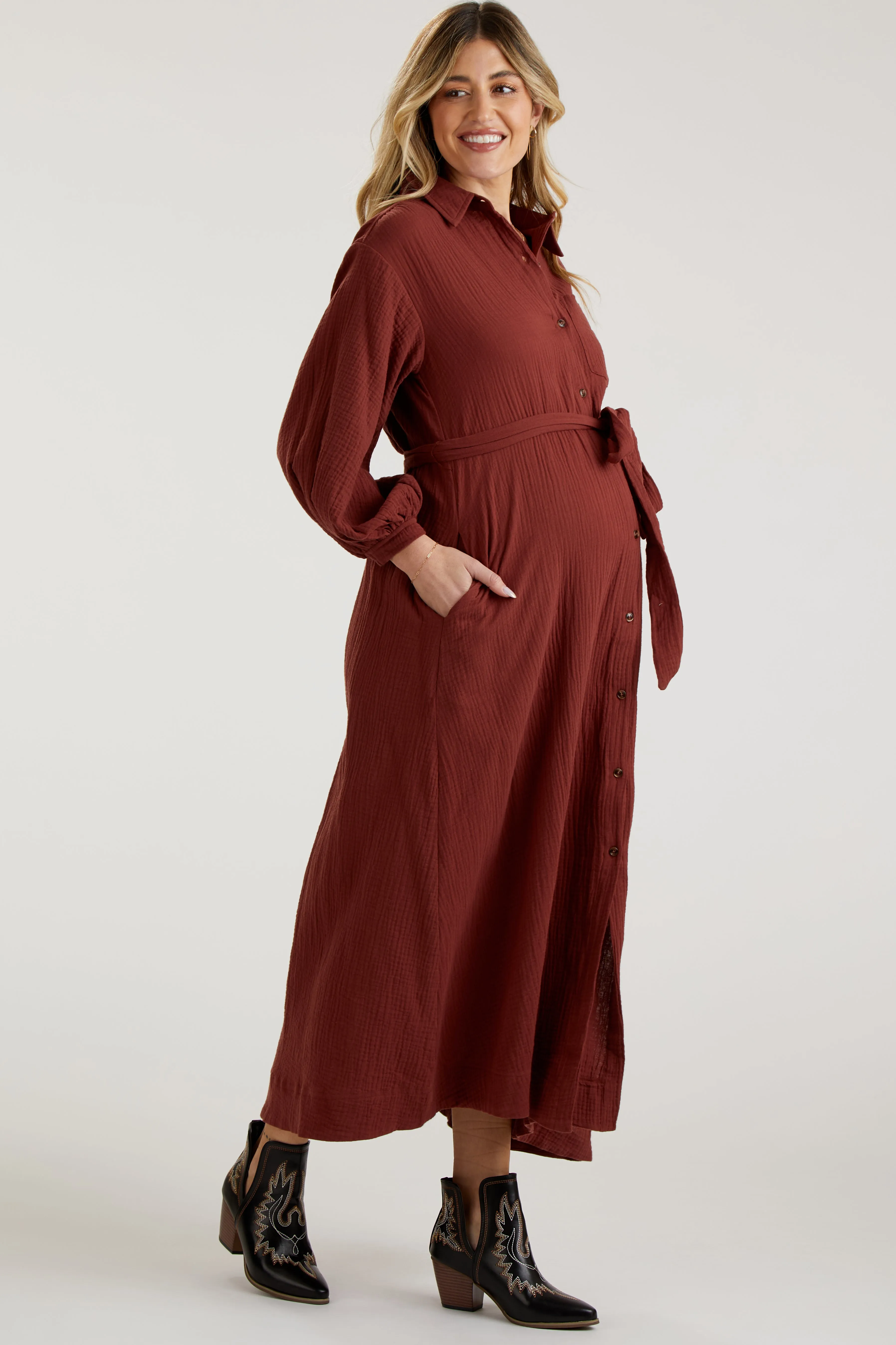 Rust Gauze Belted Shirt Maternity Midi Dress sold by Pinkblush product image thumbnail 3