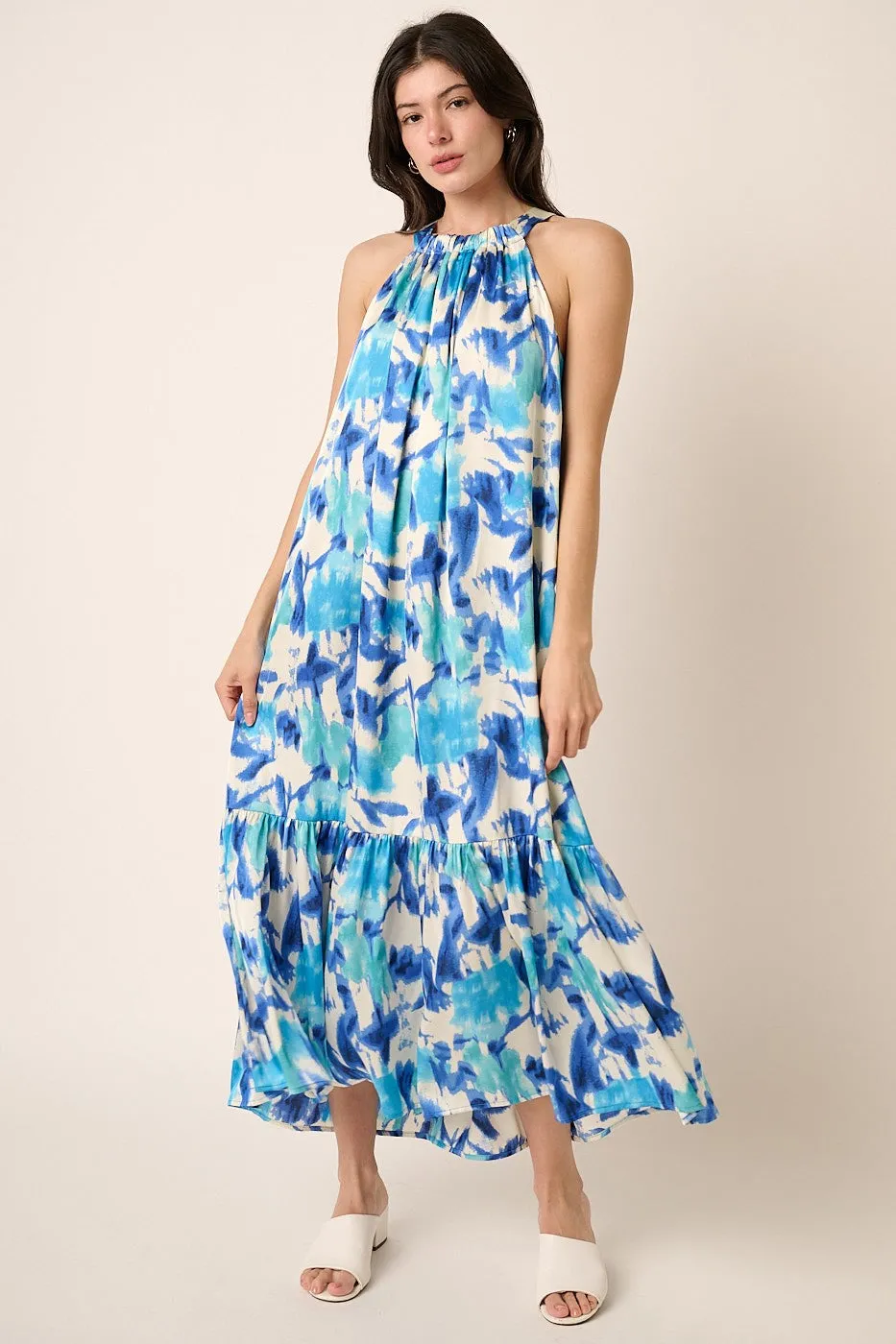 Blue Watercolor Print Satin Midi Dress sold by Pinkblush product image thumbnail 3