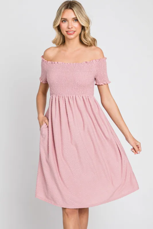 Mauve Swiss Dot Off Shoulder Dress sold by Pinkblush