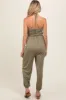 Light Olive Halter Cinched Maternity Jumpsuit sold by Pinkblush