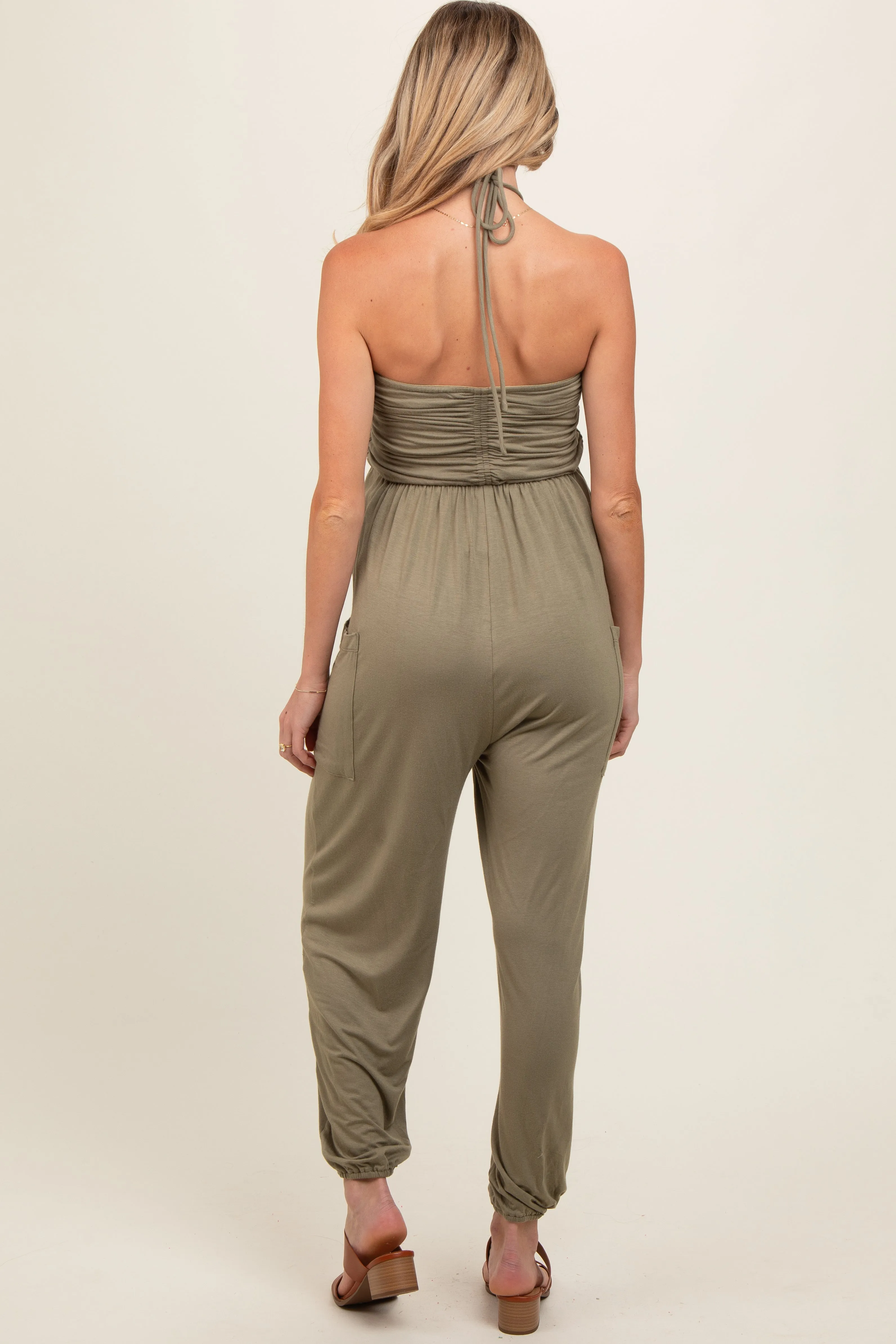Light Olive Halter Cinched Maternity Jumpsuit sold by Pinkblush product image thumbnail 3