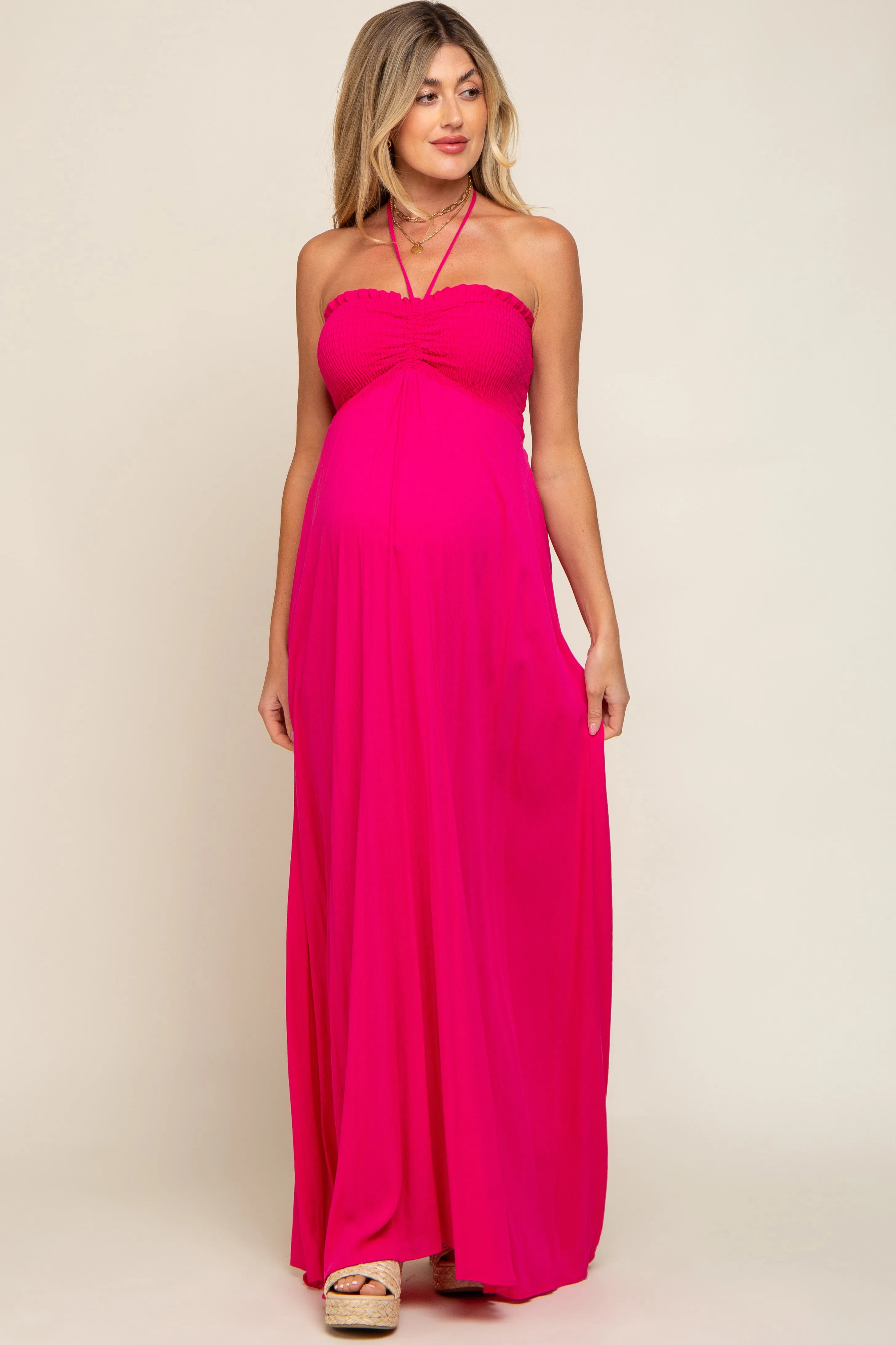 Fuchsia Smocked Halter Maternity Maxi Dress sold by Pinkblush product image thumbnail 4