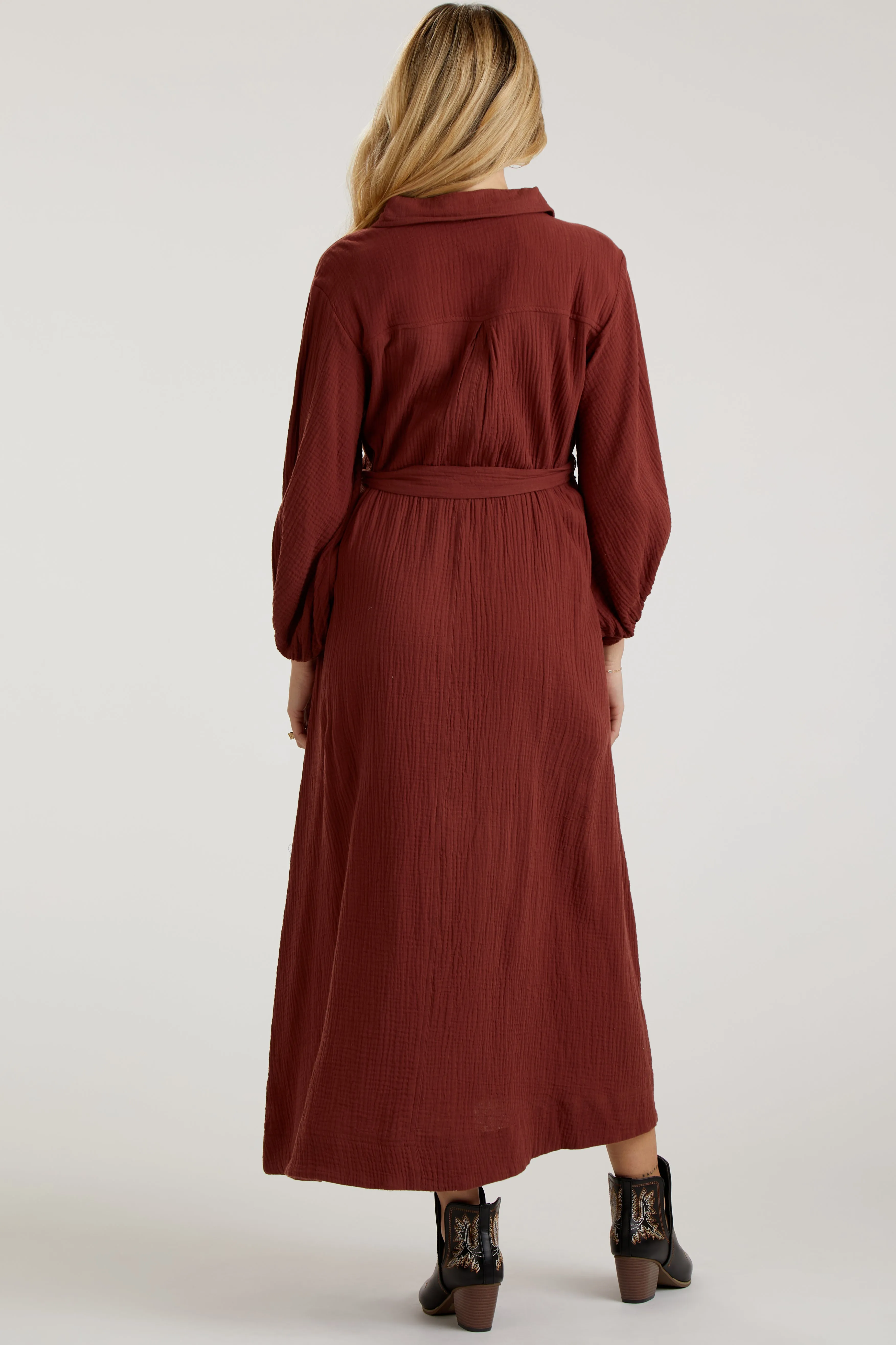 Rust Gauze Belted Shirt Maternity Midi Dress sold by Pinkblush product image thumbnail 4