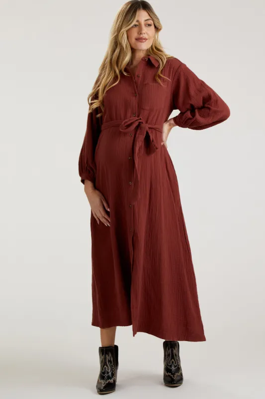 Rust Gauze Belted Shirt Maternity Midi Dress sold by Pinkblush