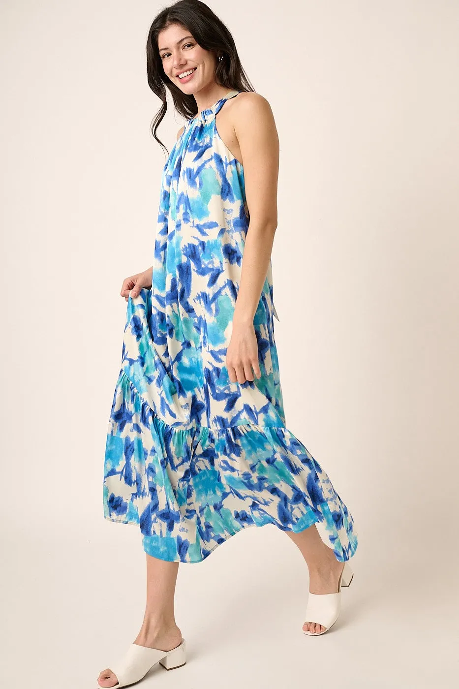 Blue Watercolor Print Satin Midi Dress sold by Pinkblush