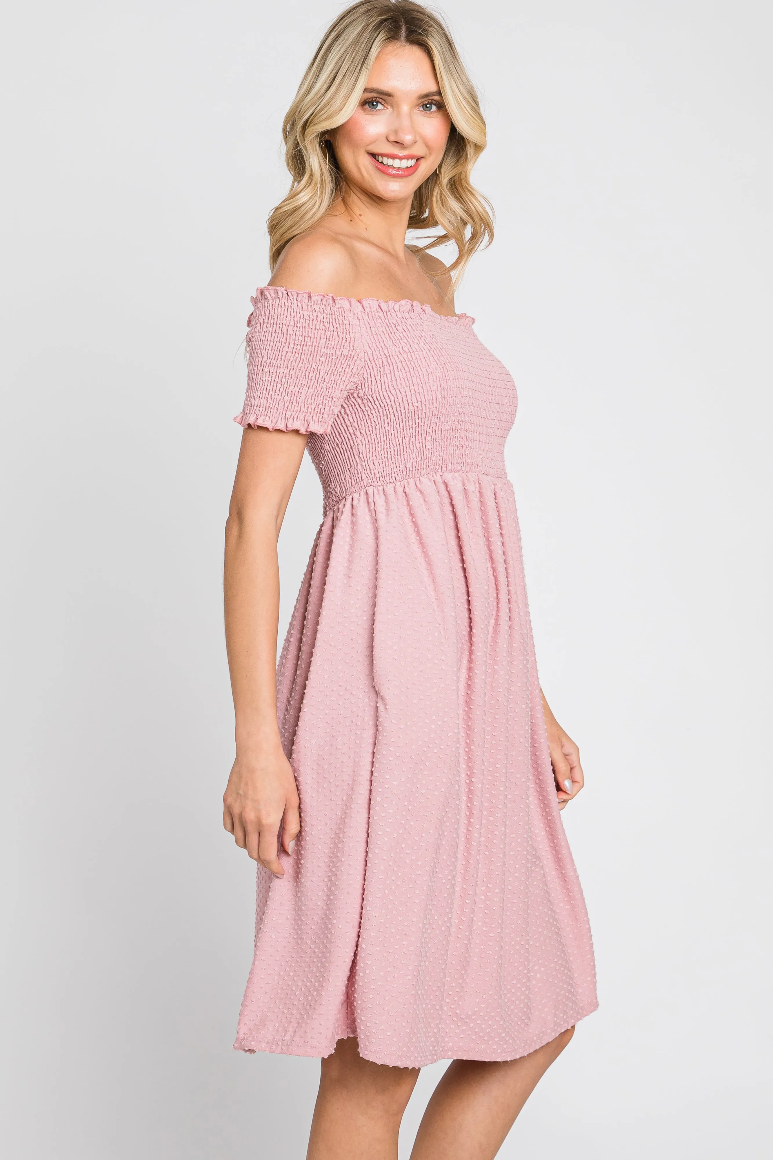 Mauve Swiss Dot Off Shoulder Dress sold by Pinkblush product image thumbnail 2