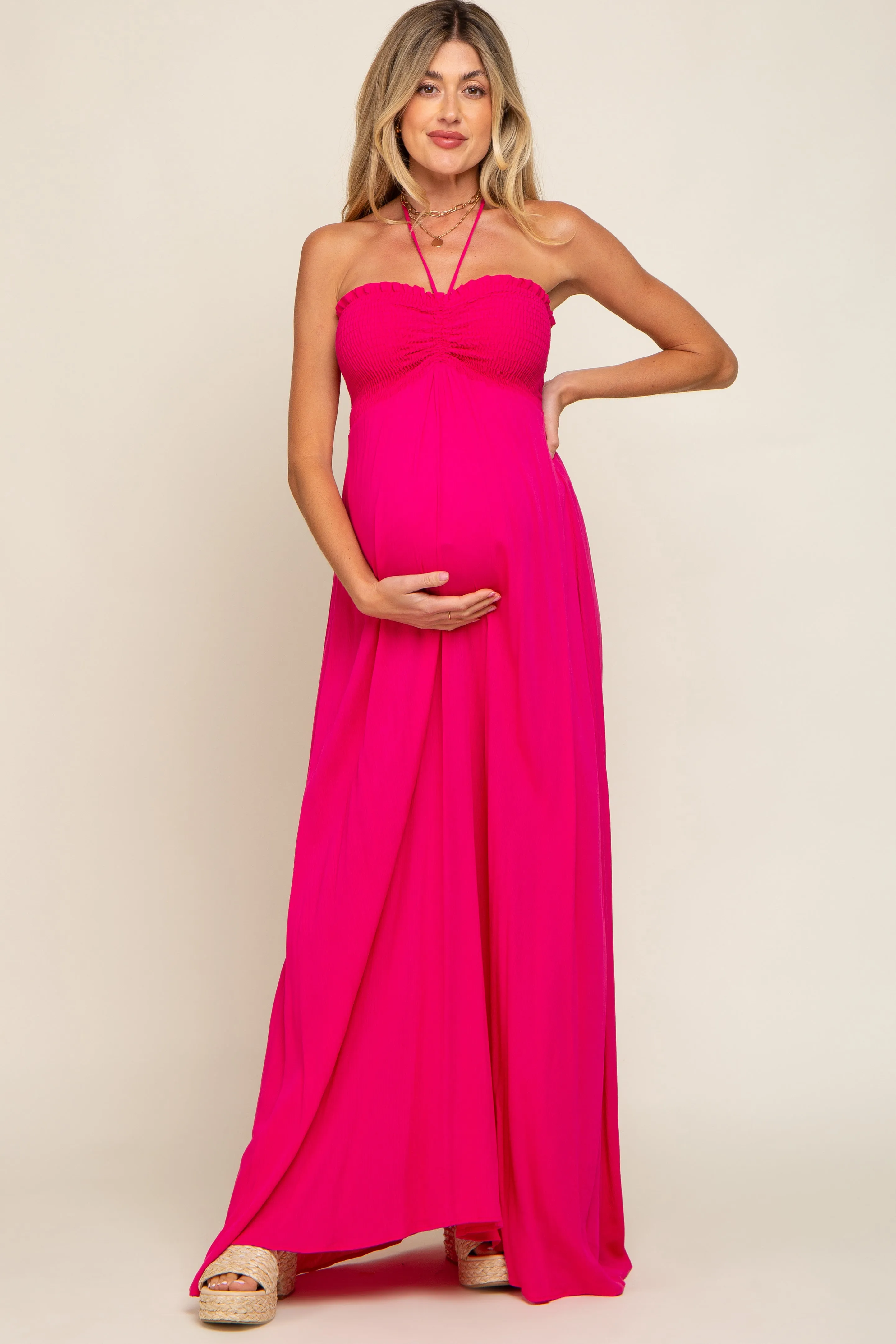 Fuchsia Smocked Halter Maternity Maxi Dress sold by Pinkblush product image thumbnail 5