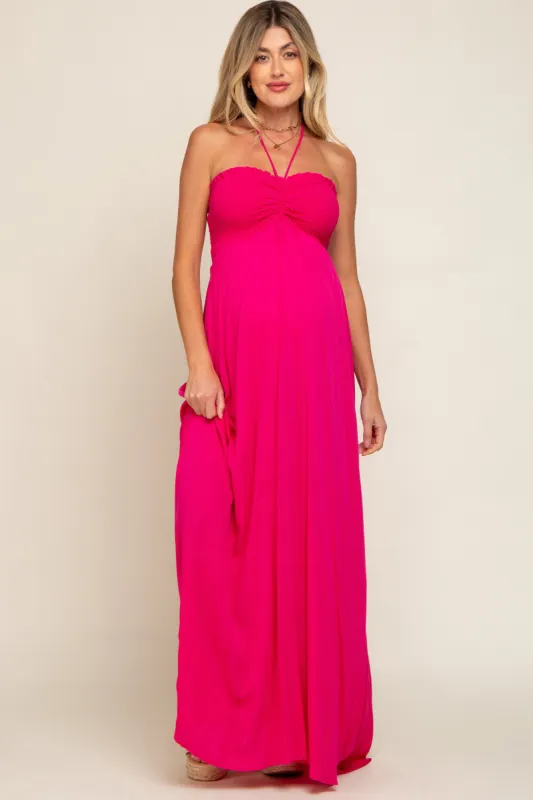 Fuchsia Smocked Halter Maternity Maxi Dress sold by Pinkblush