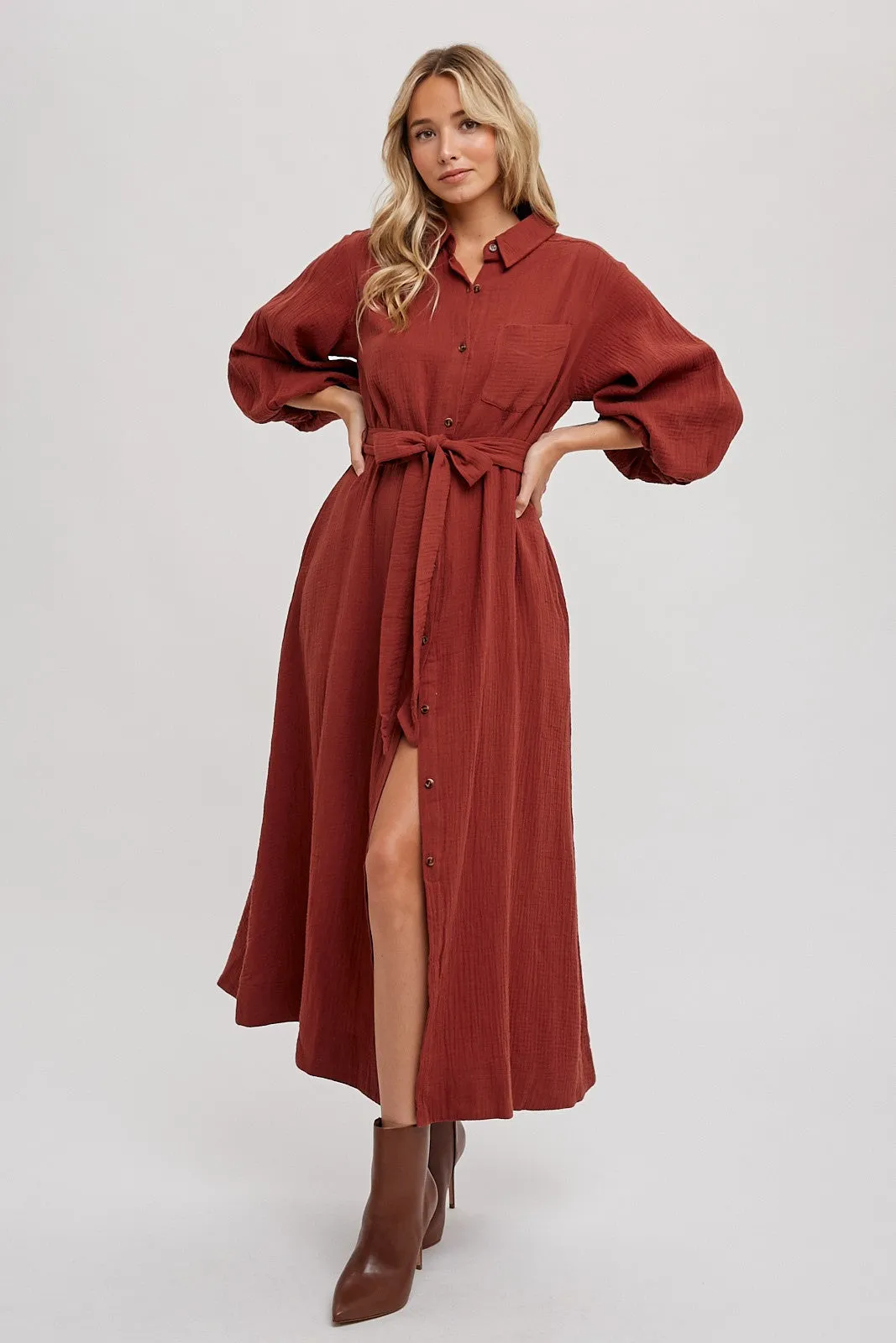 Rust Gauze Belted Shirt Maternity Midi Dress sold by Pinkblush product image thumbnail 5