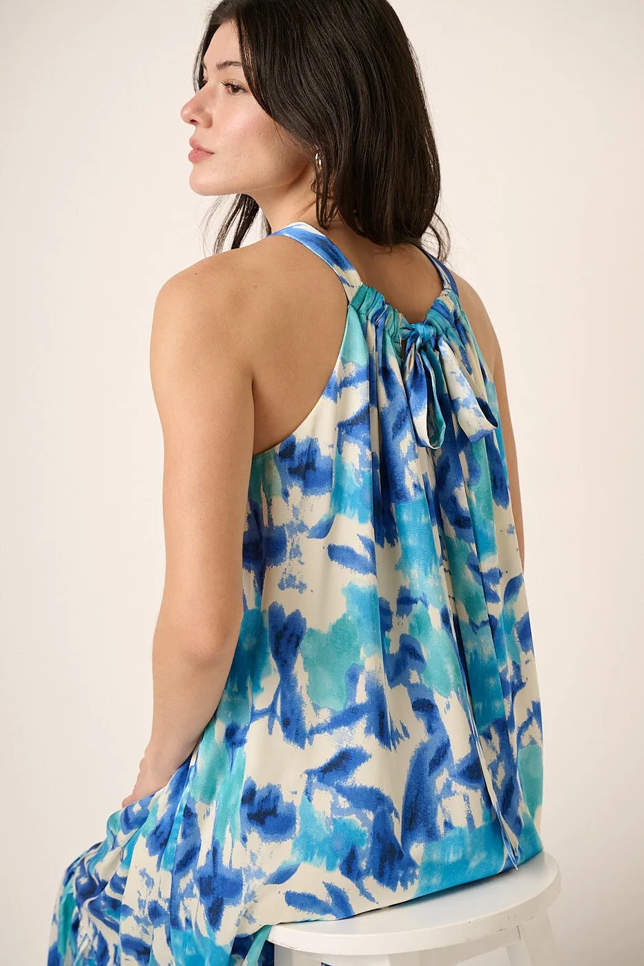 Blue Watercolor Print Satin Midi Dress sold by Pinkblush product image thumbnail 5