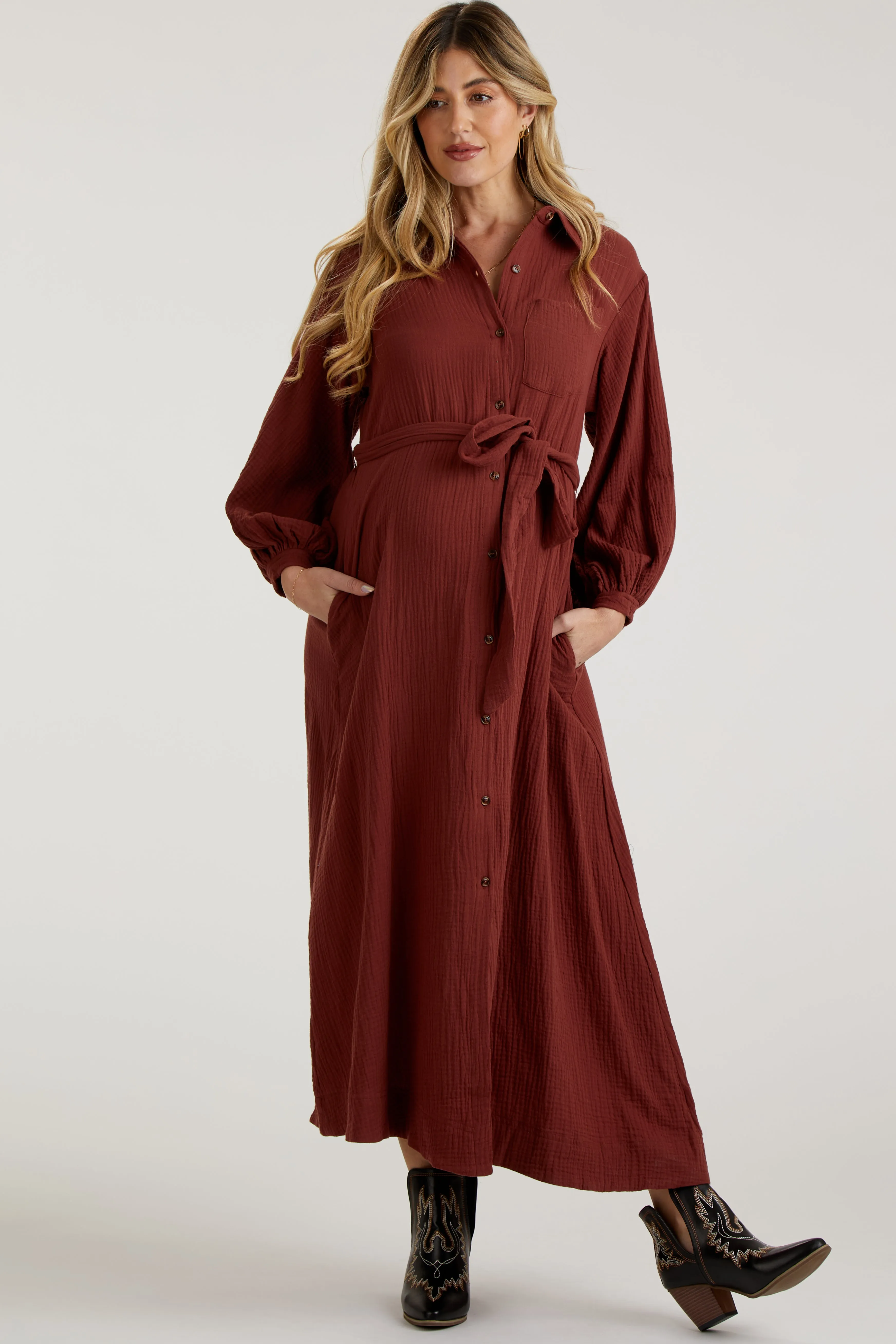 Rust Gauze Belted Shirt Maternity Midi Dress sold by Pinkblush product image thumbnail 2