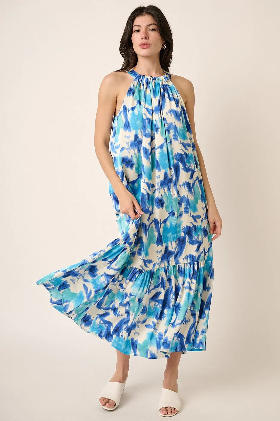 Blue Watercolor Print Satin Midi Dress sold by Pinkblush product image thumbnail 2