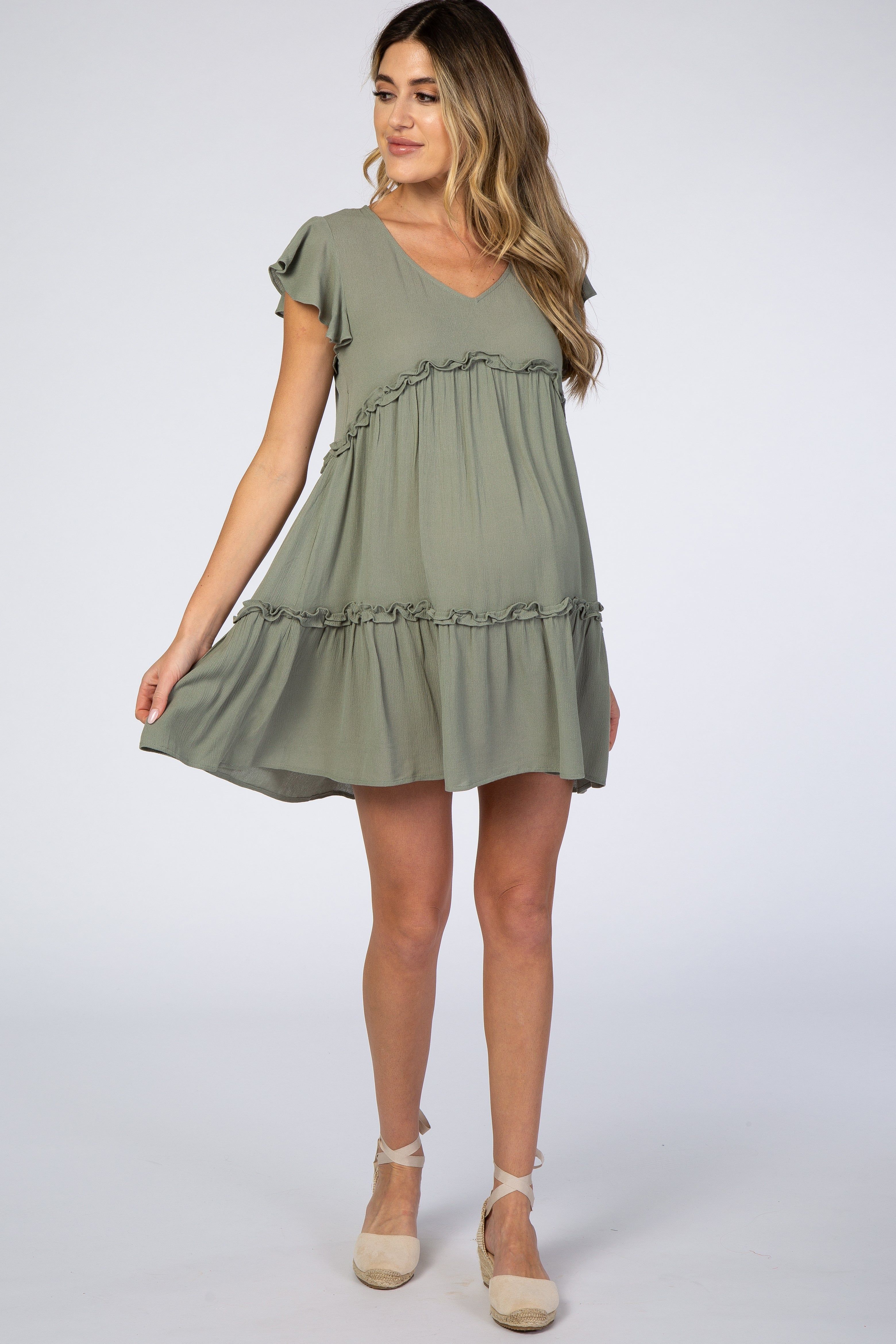 Sage Green Ruffle Maternity Mini Dress sold by Pinkblush product image thumbnail 2