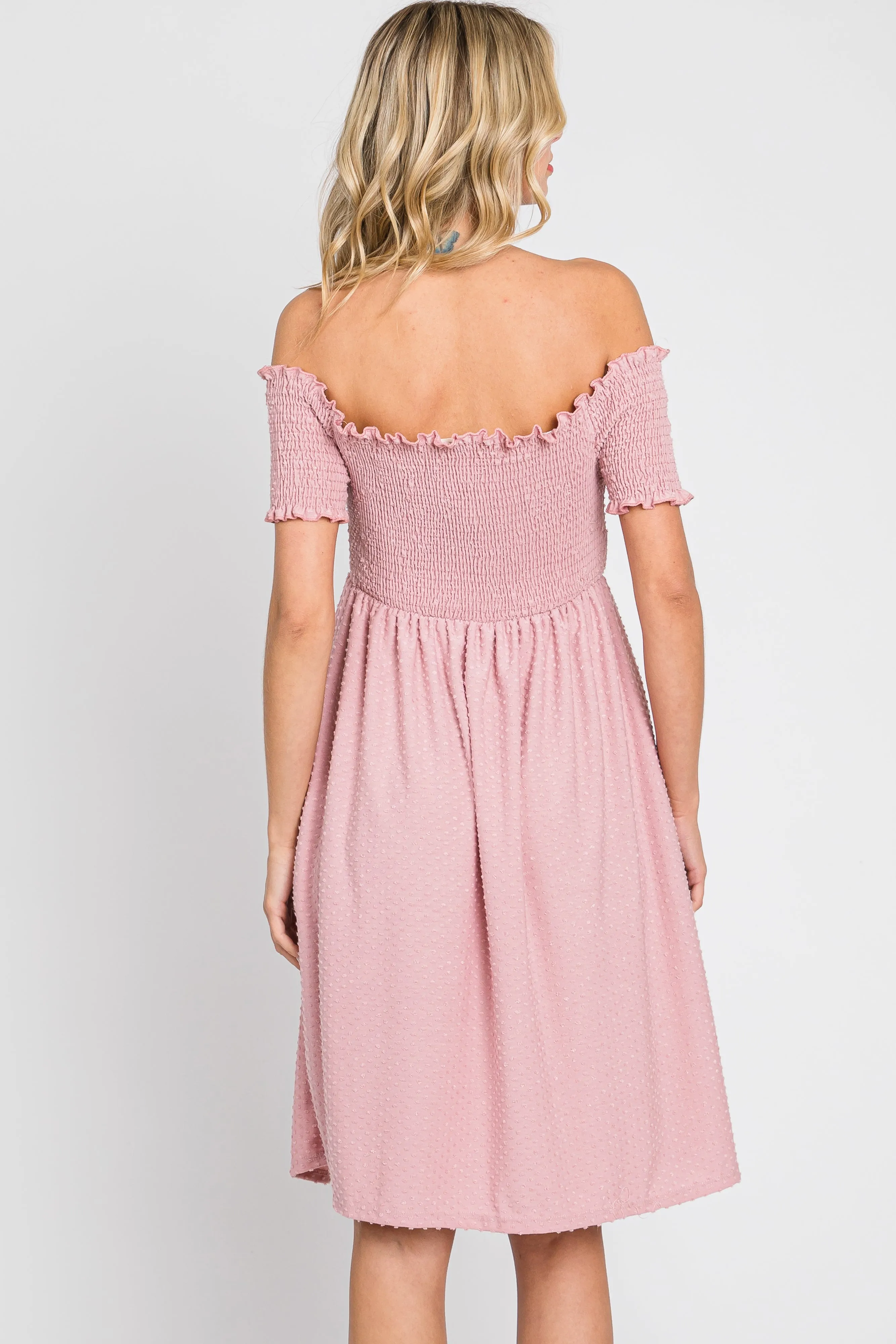 Mauve Swiss Dot Off Shoulder Dress sold by Pinkblush product image thumbnail 3