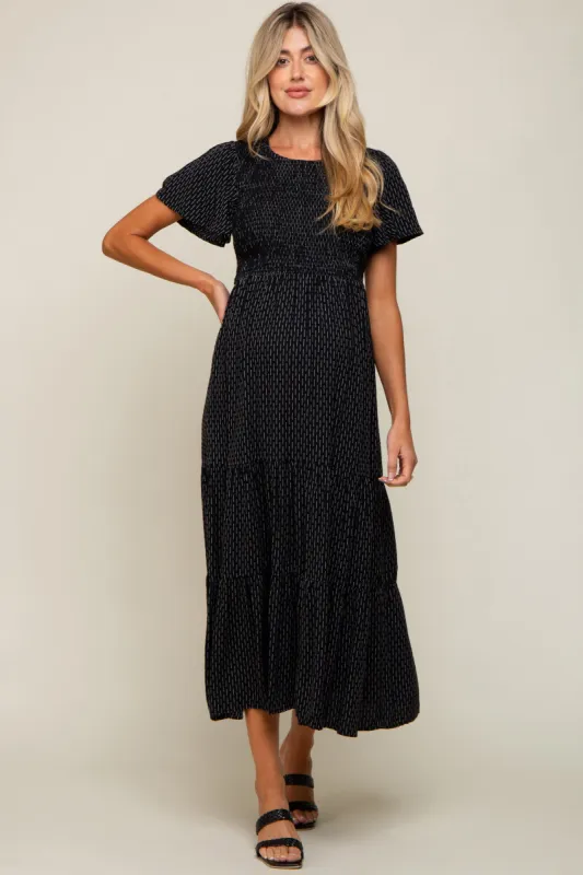 Black Printed Short Sleeve Tiered Maternity Maxi Dress sold by Pinkblush