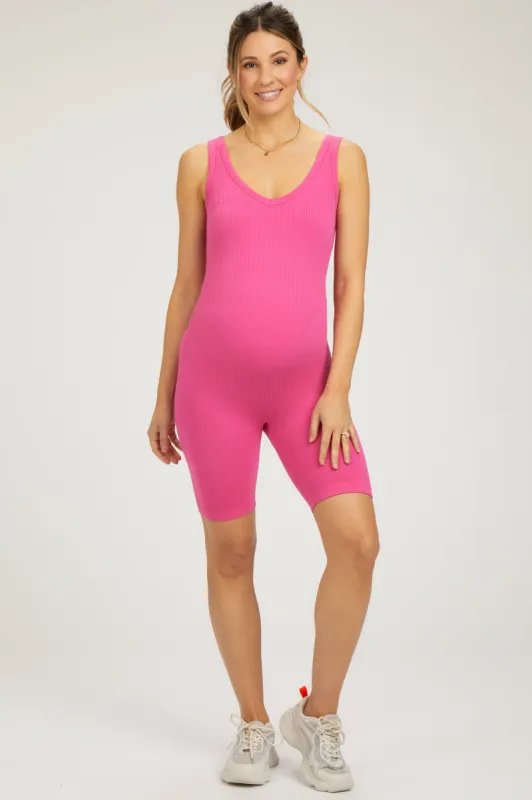 Fuchsia Ribbed Sleeveless Fitted Maternity Romper sold by Pinkblush