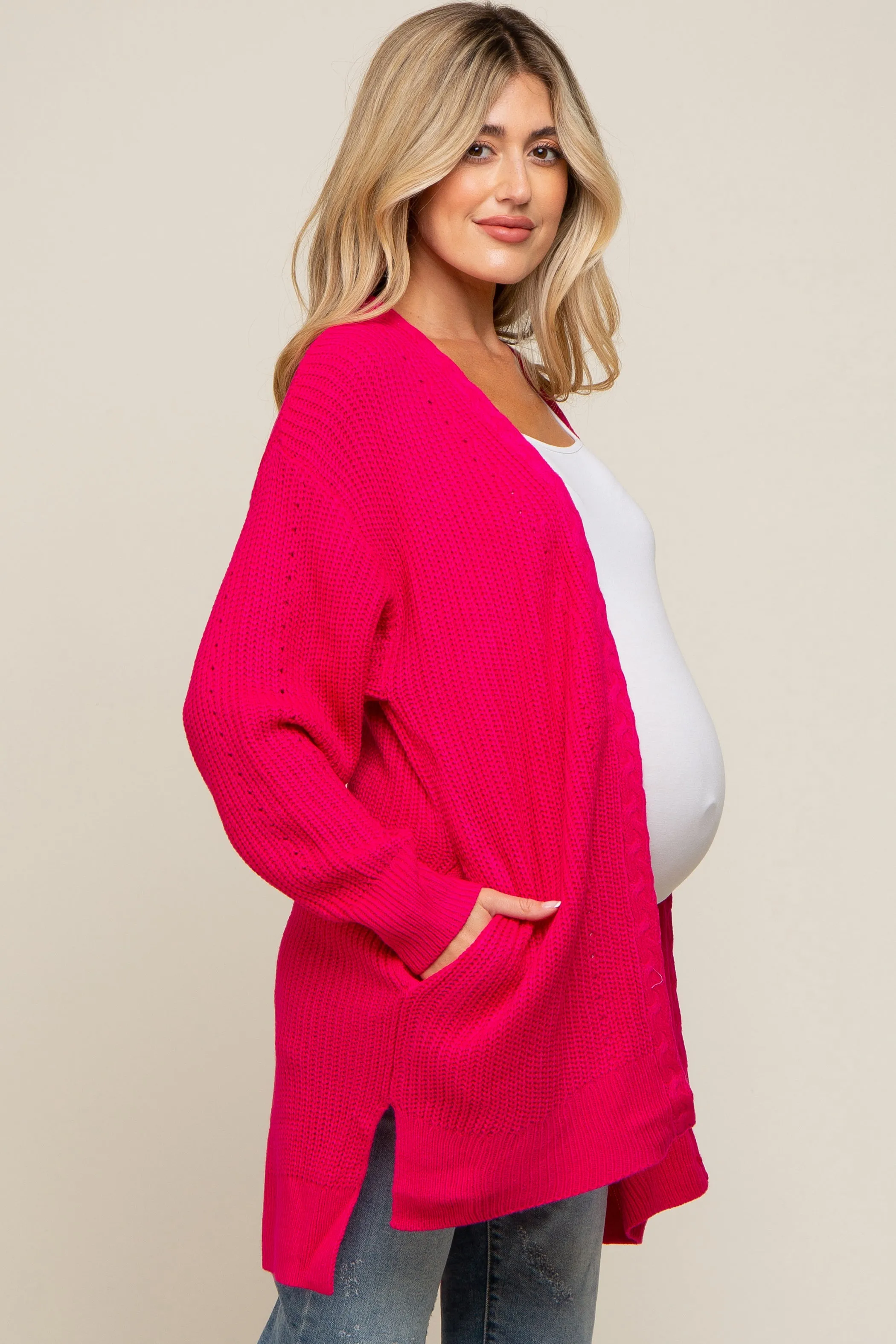 Fuchsia Cable Knit Accent Maternity Cardigan sold by Pinkblush product image thumbnail 3
