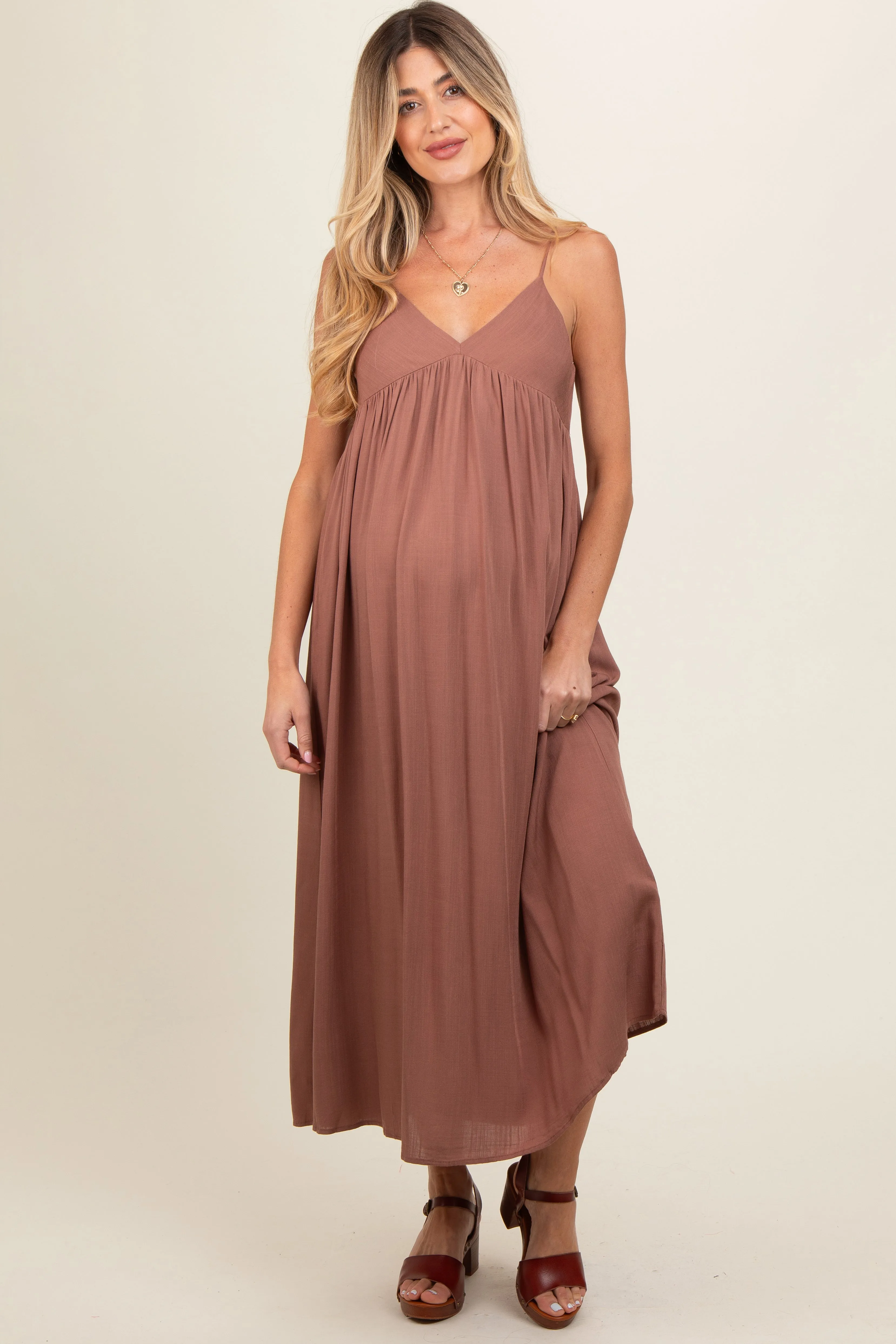 Mocha V-Neck Sleeveless Maternity Midi Dress sold by Pinkblush product image thumbnail 2