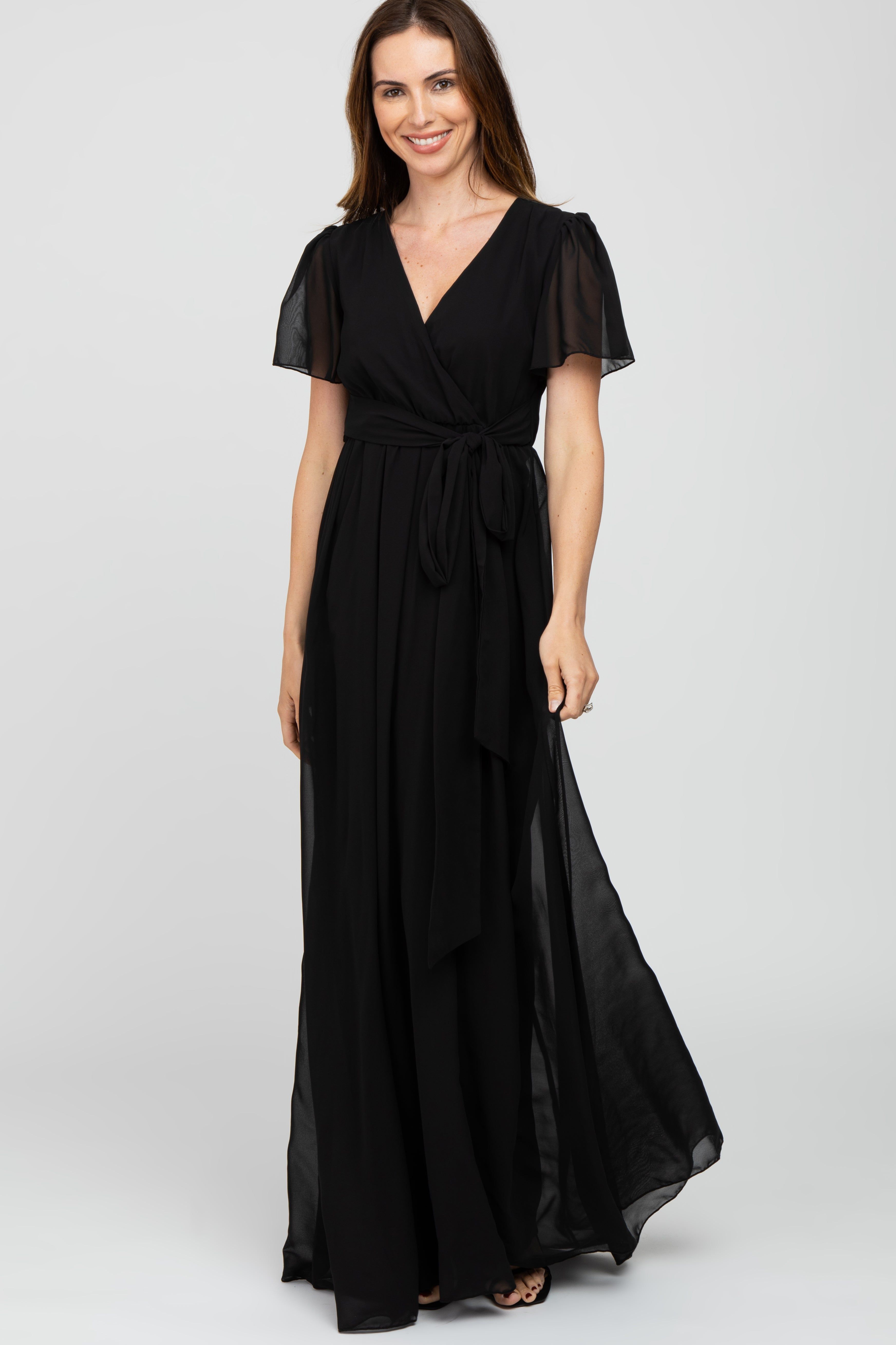Black Chiffon Short Sleeve Maxi Dress sold by Pinkblush