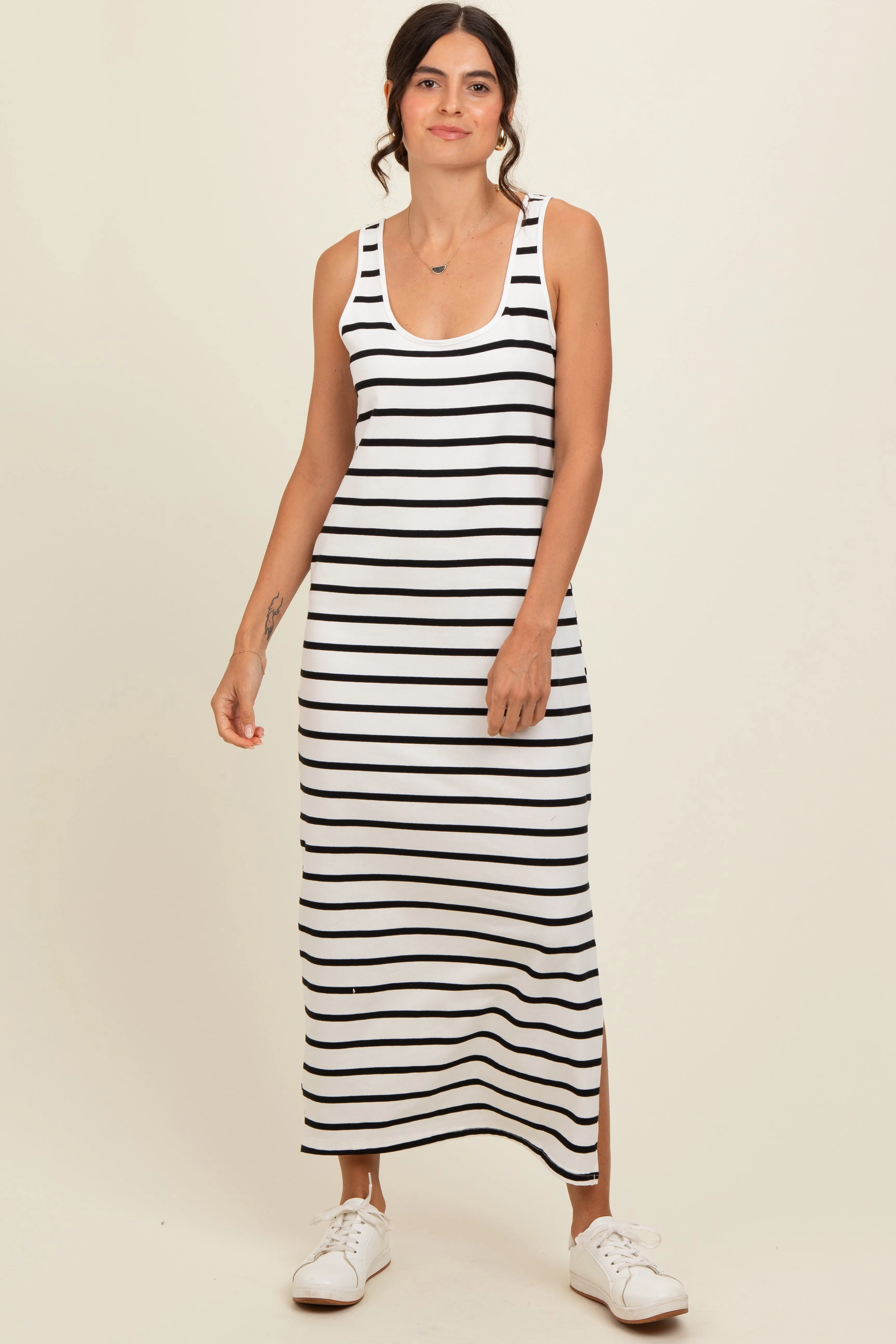 Black Striped Sleeveless Side Slit Maternity Maxi Dress sold by Pinkblush product image thumbnail 5