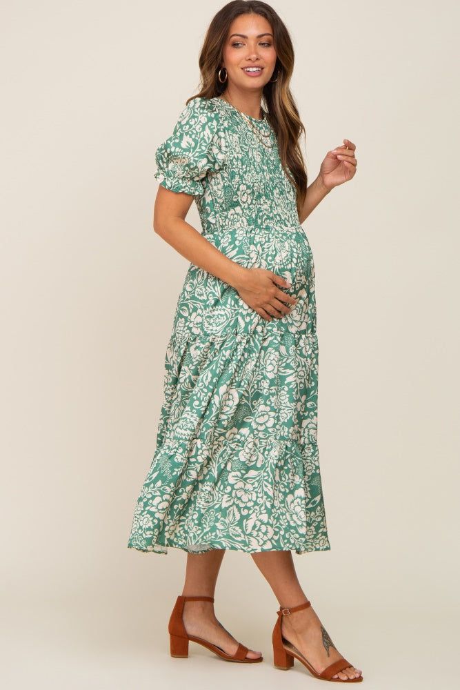Green Floral Satin Smocked Lace-Up Back Maternity Midi Dress sold by Pinkblush product image thumbnail 3