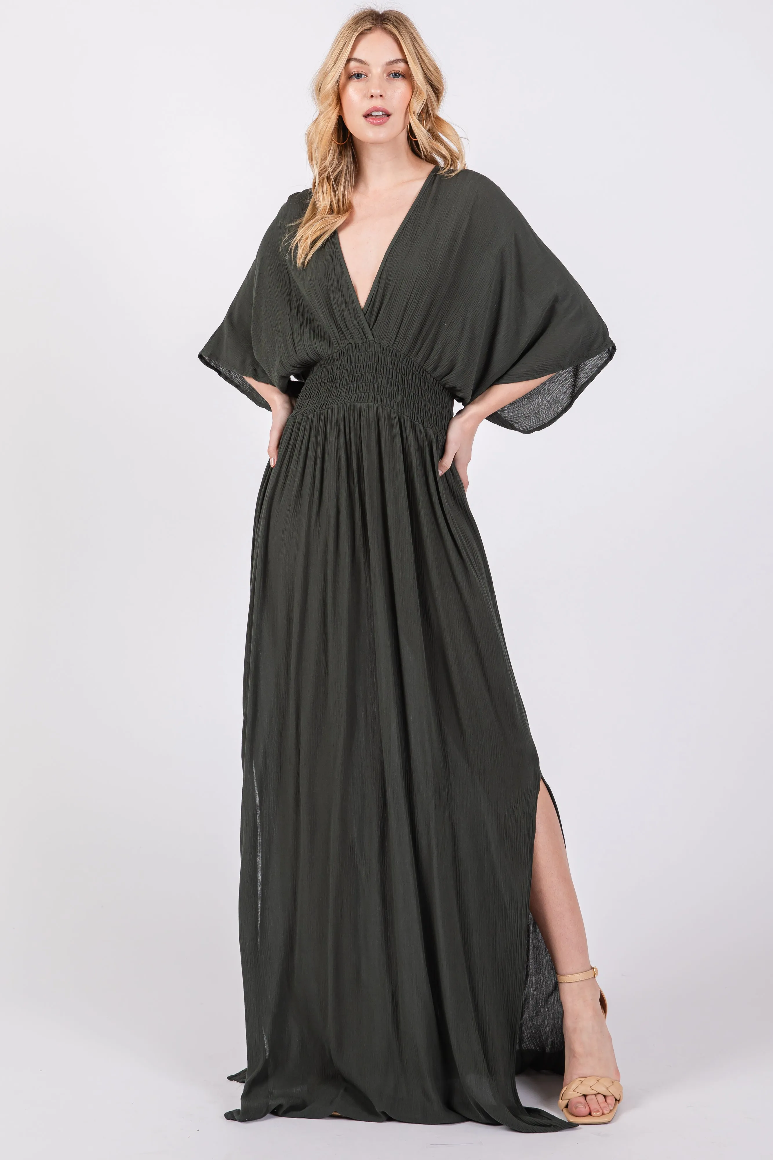 Olive Lightweight Deep V-Neck Maxi Dress sold by Pinkblush