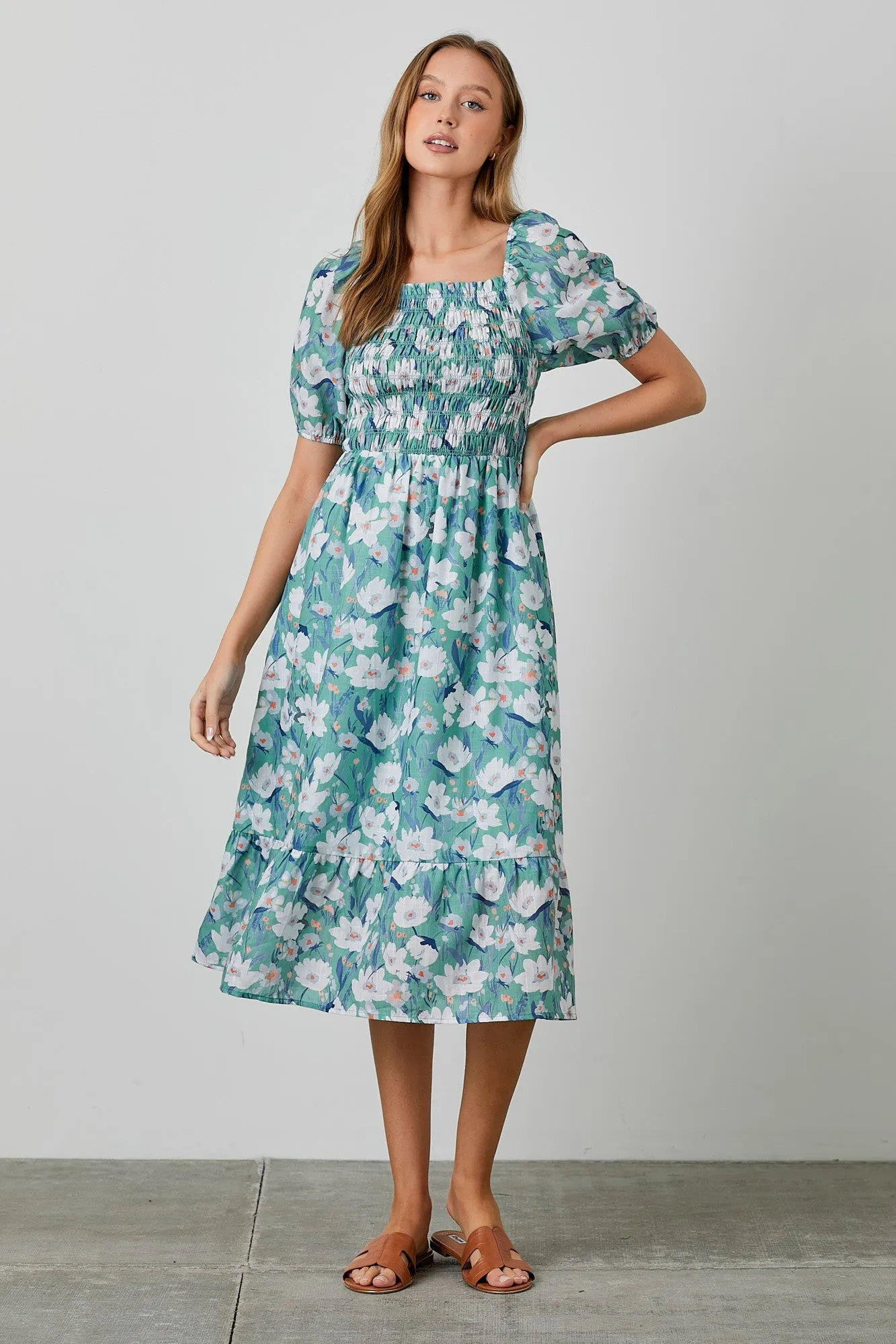 Jade Floral Smocked Midi Dress sold by Pinkblush