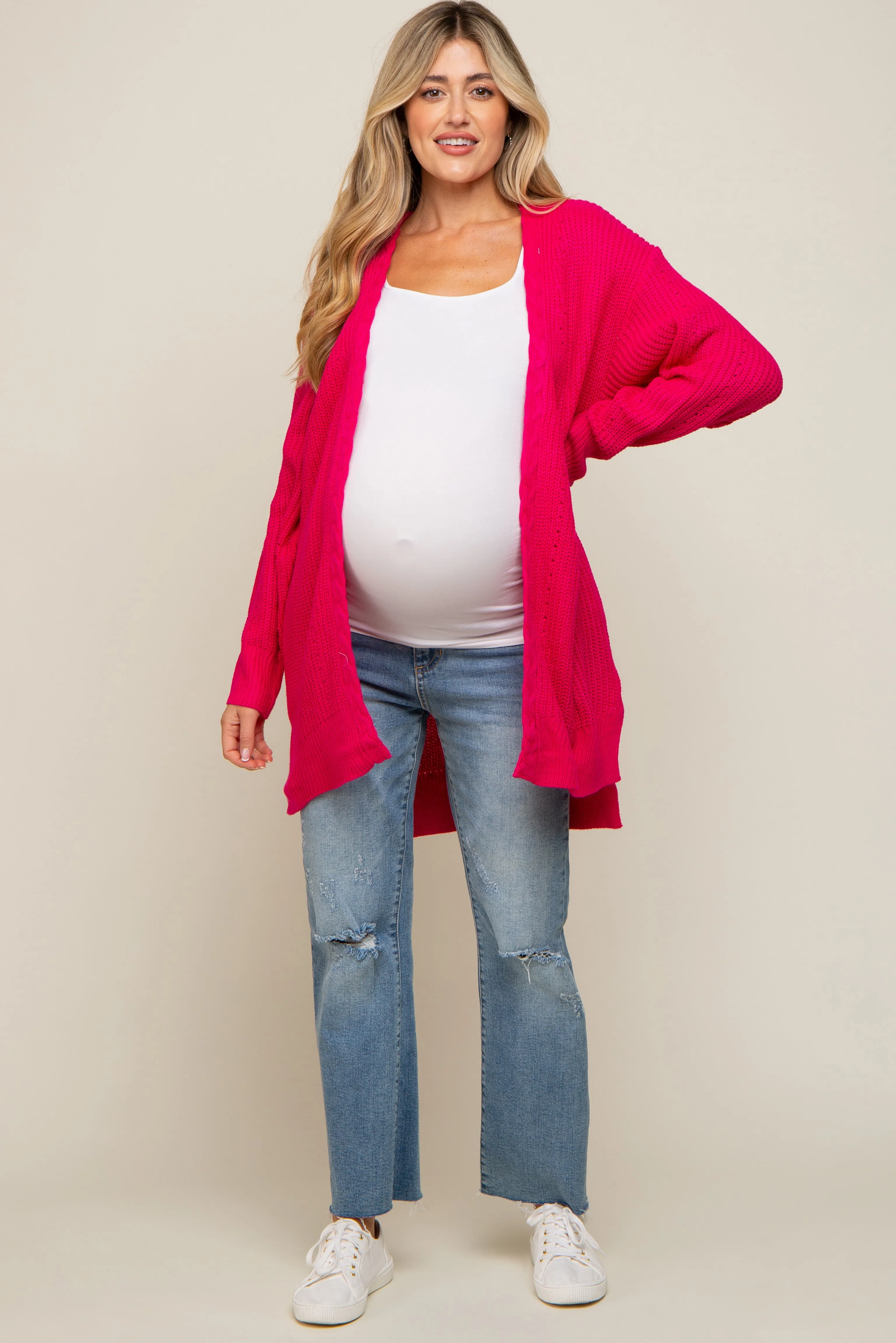 Fuchsia Cable Knit Accent Maternity Cardigan sold by Pinkblush