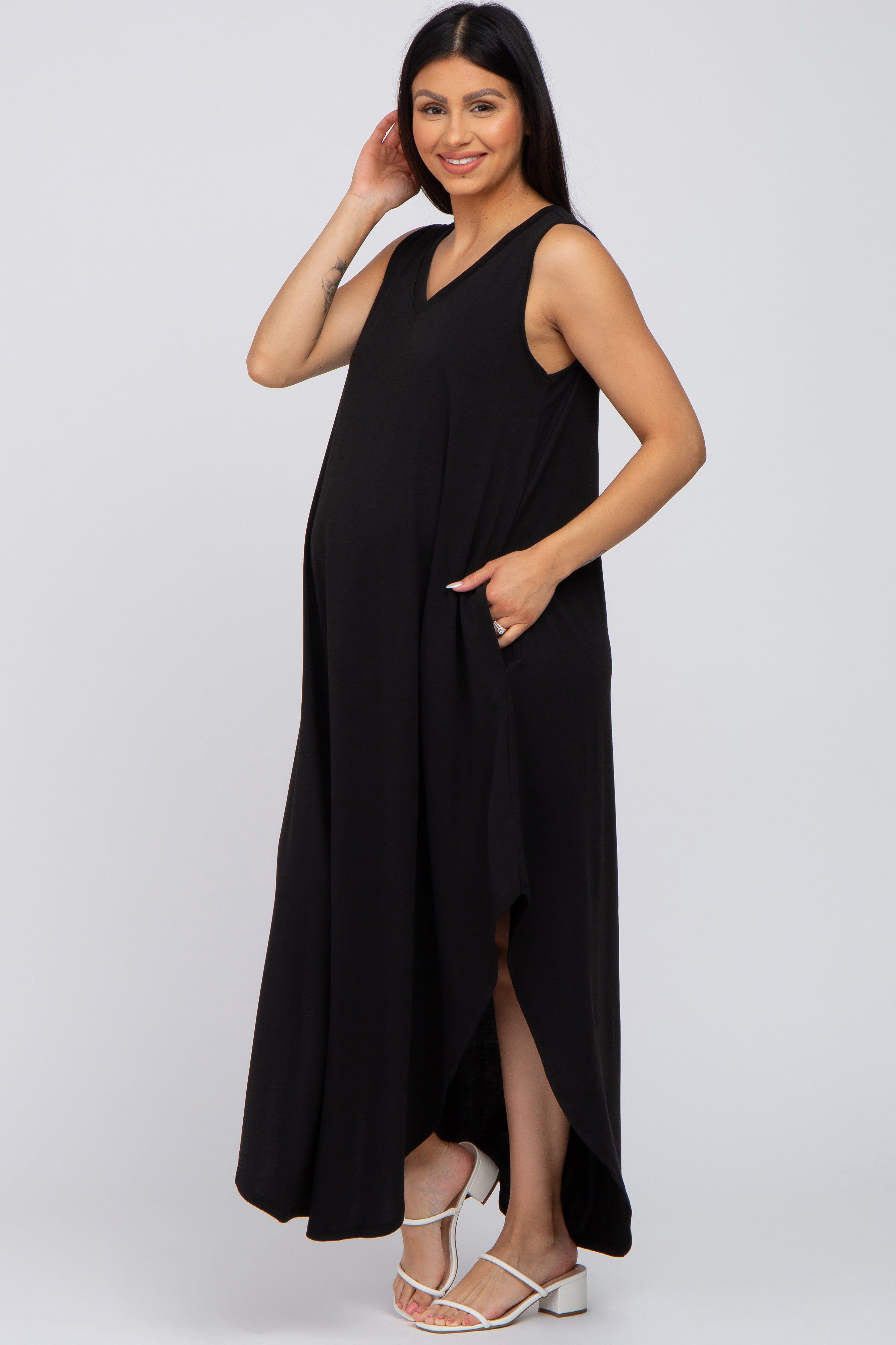 Black V-Neck Basic Maternity Maxi Dress sold by Pinkblush product image thumbnail 2