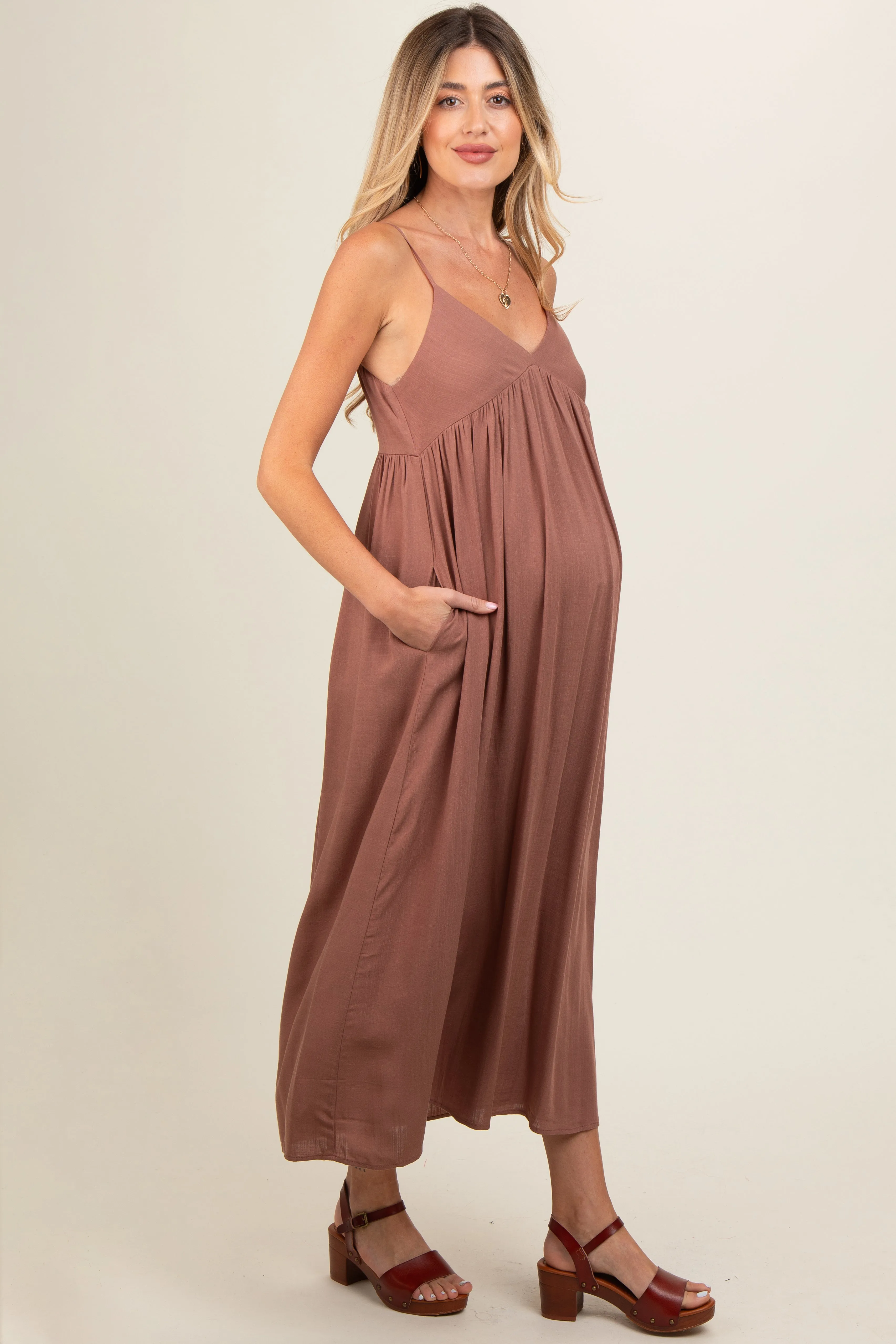 Mocha V-Neck Sleeveless Maternity Midi Dress sold by Pinkblush product image thumbnail 3