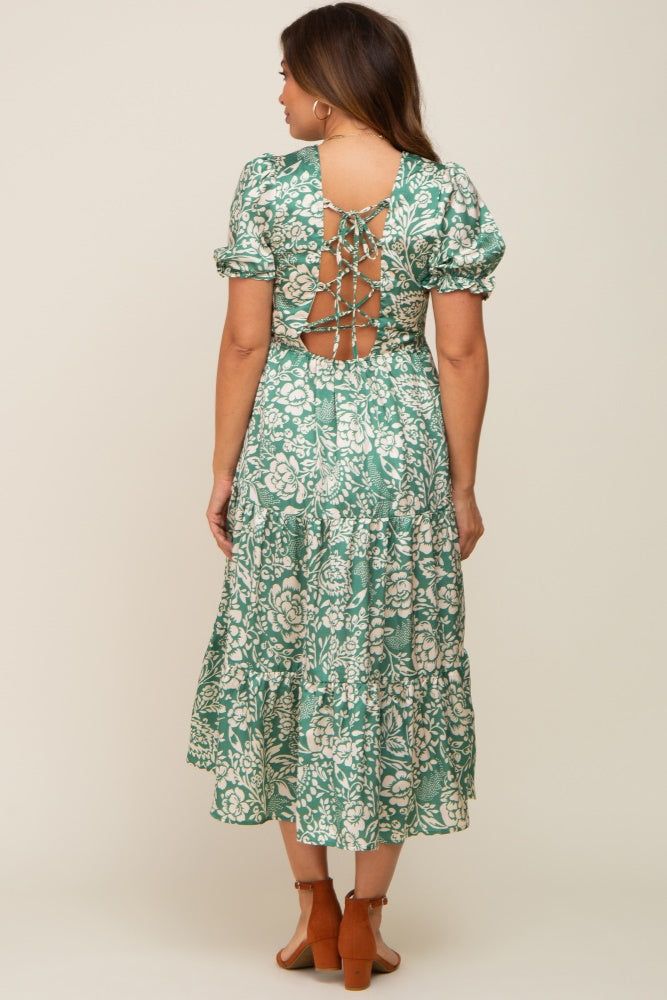 Green Floral Satin Smocked Lace-Up Back Maternity Midi Dress sold by Pinkblush product image thumbnail 4