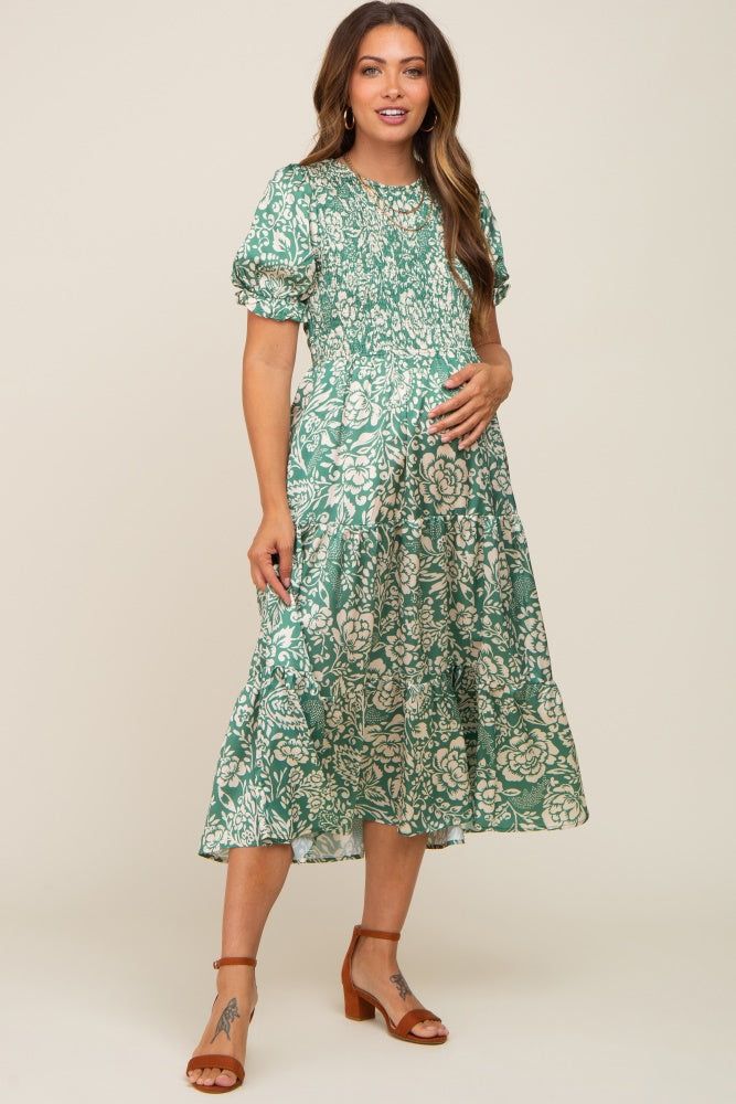 Green Floral Satin Smocked Lace-Up Back Maternity Midi Dress sold by Pinkblush