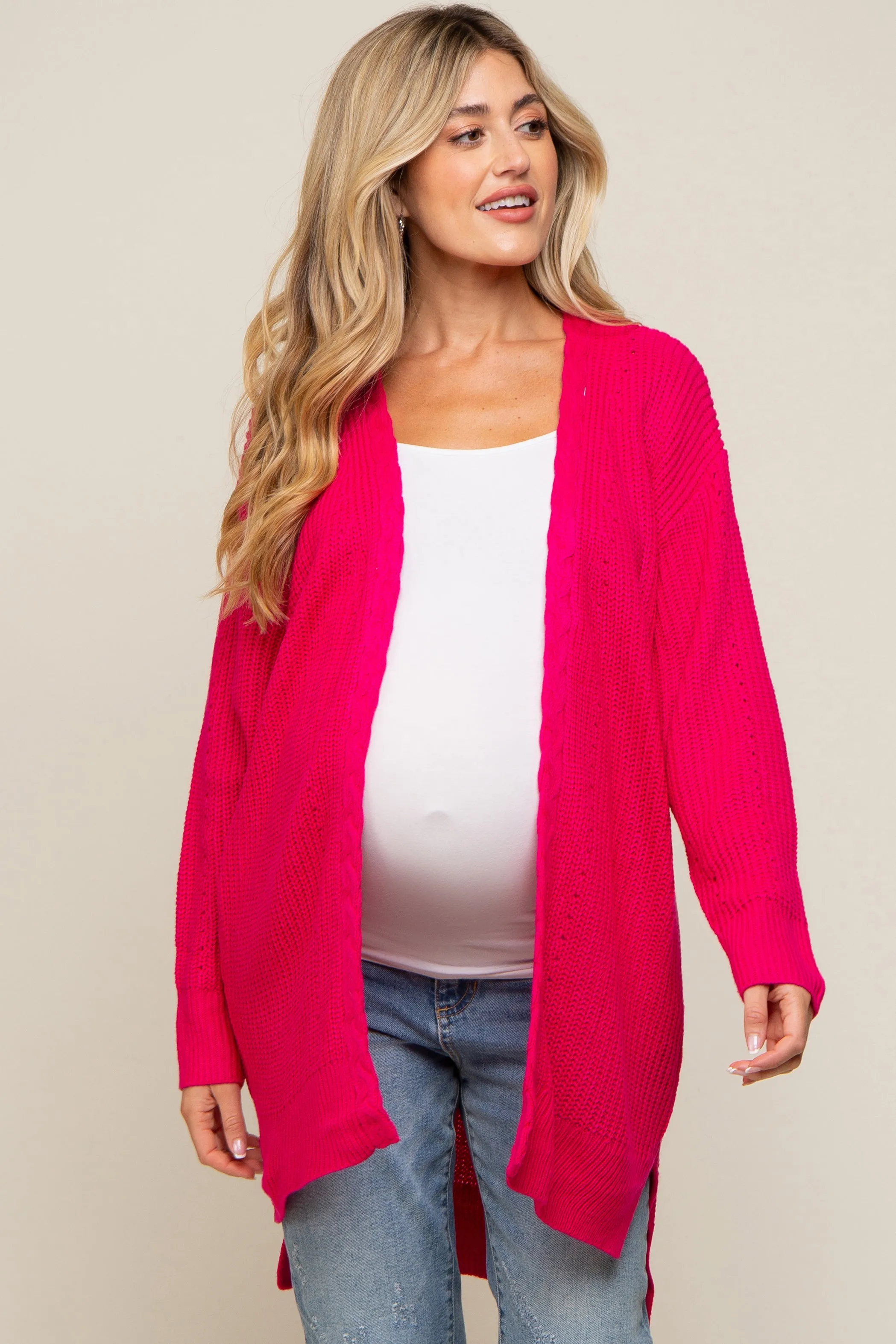 Fuchsia Cable Knit Accent Maternity Cardigan sold by Pinkblush product image thumbnail 2
