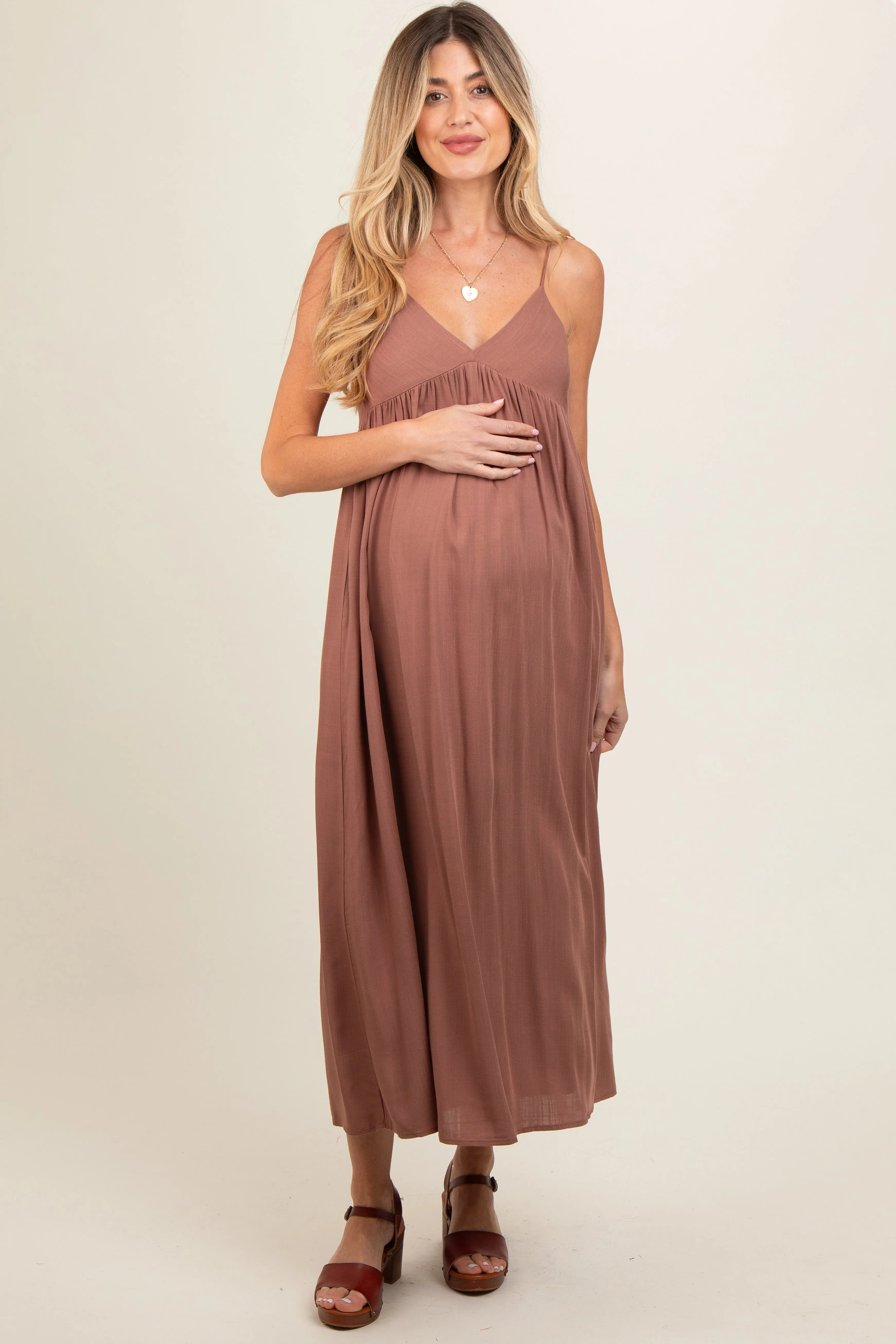 Mocha V-Neck Sleeveless Maternity Midi Dress sold by Pinkblush