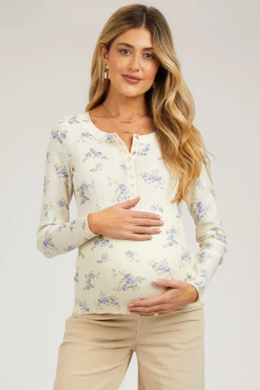 Light Blue Floral Long Sleeve Henley Maternity Top sold by Pinkblush