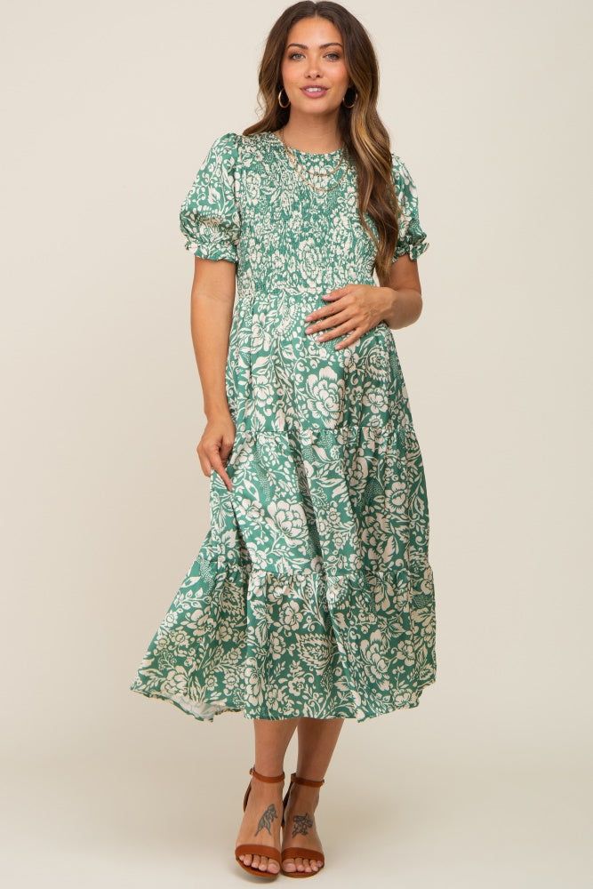 Green Floral Satin Smocked Lace-Up Back Maternity Midi Dress sold by Pinkblush product image thumbnail 5