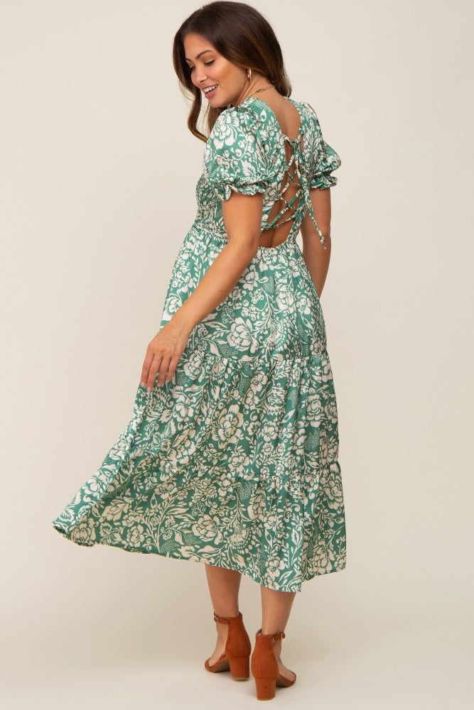 Green Floral Satin Smocked Lace-Up Back Maternity Midi Dress sold by Pinkblush product image thumbnail 2