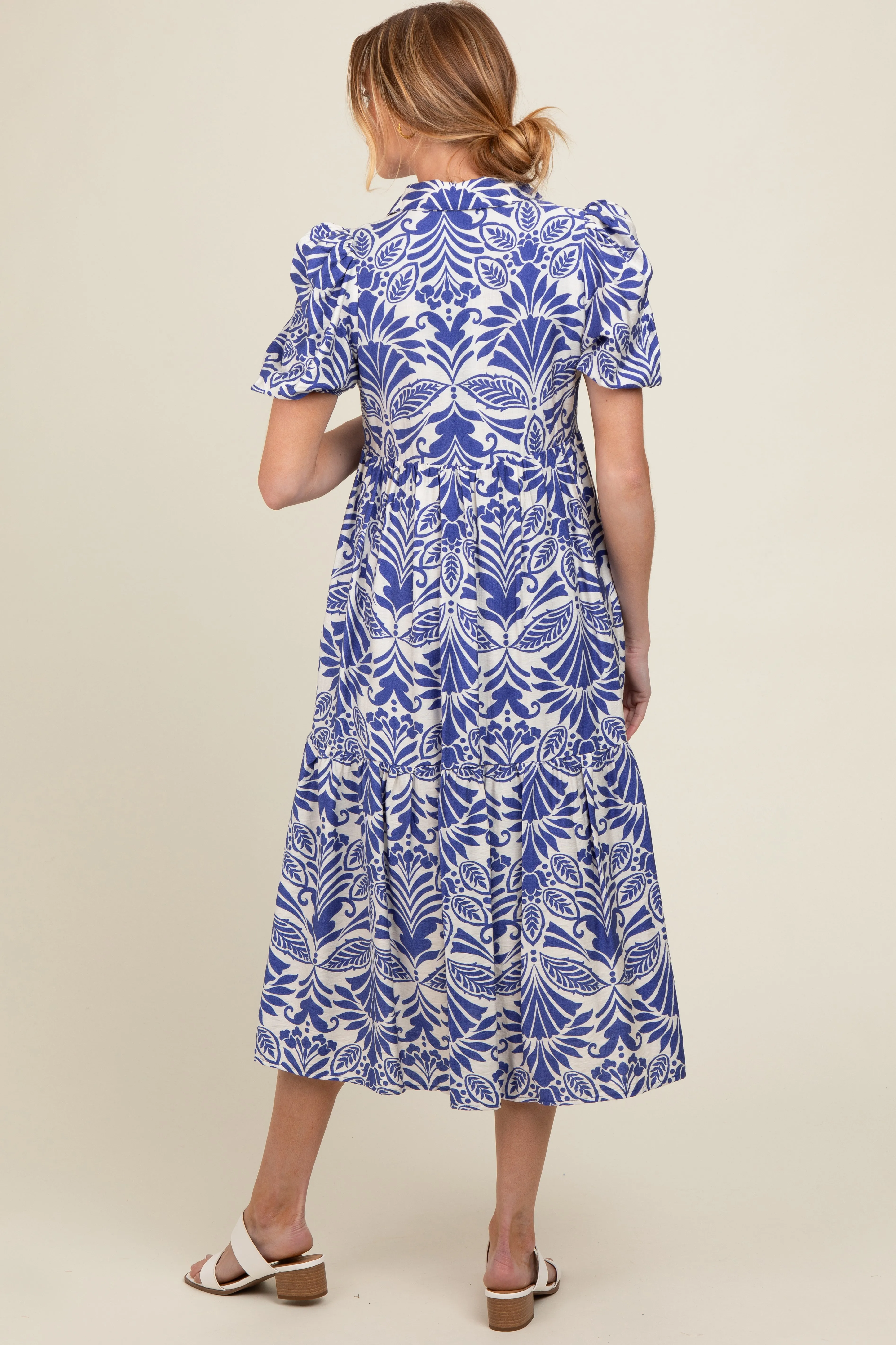 Royal Blue Damask Print Button Down Maternity Midi Dress sold by Pinkblush product image thumbnail 4