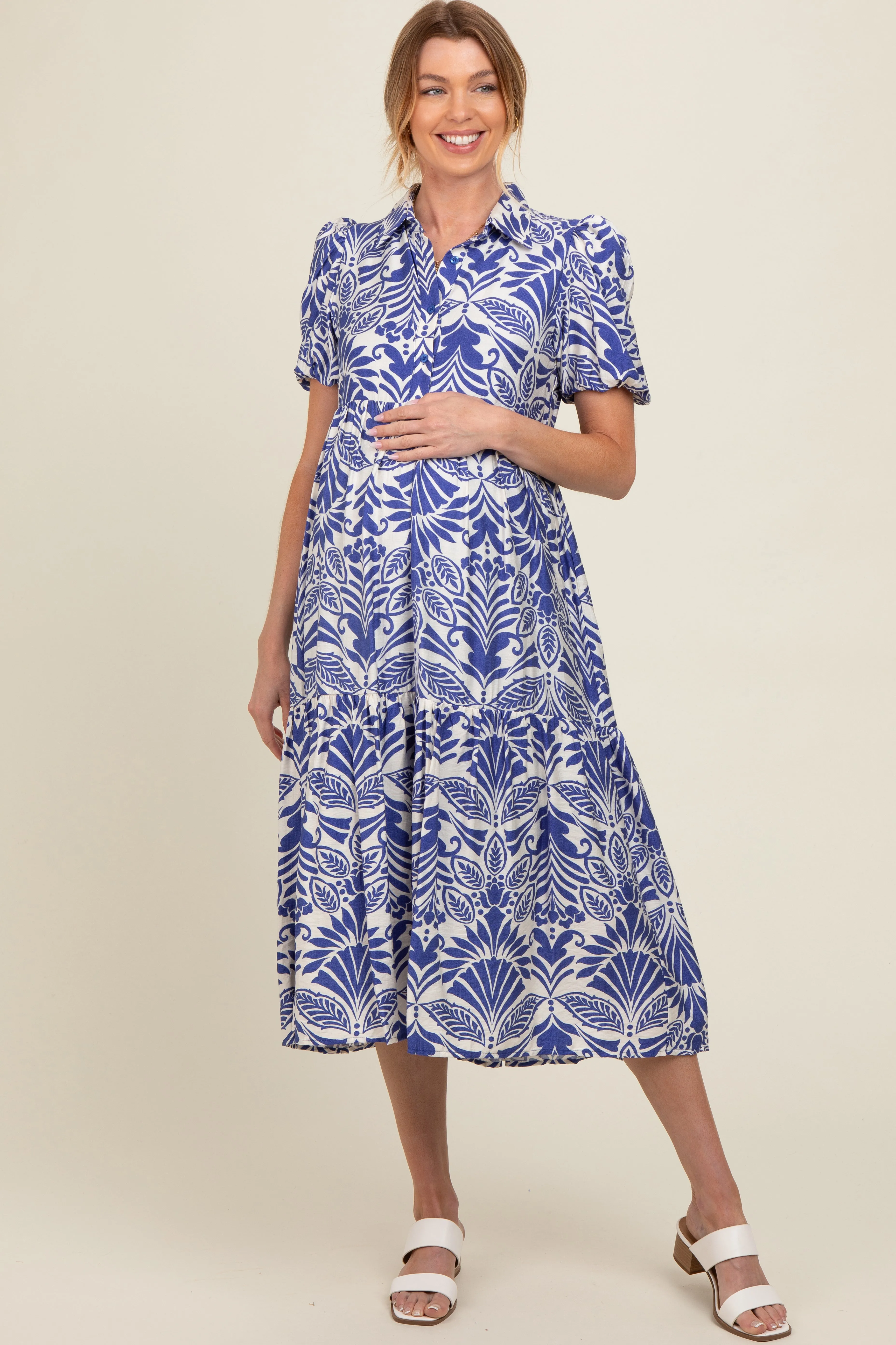 Royal Blue Damask Print Button Down Maternity Midi Dress sold by Pinkblush