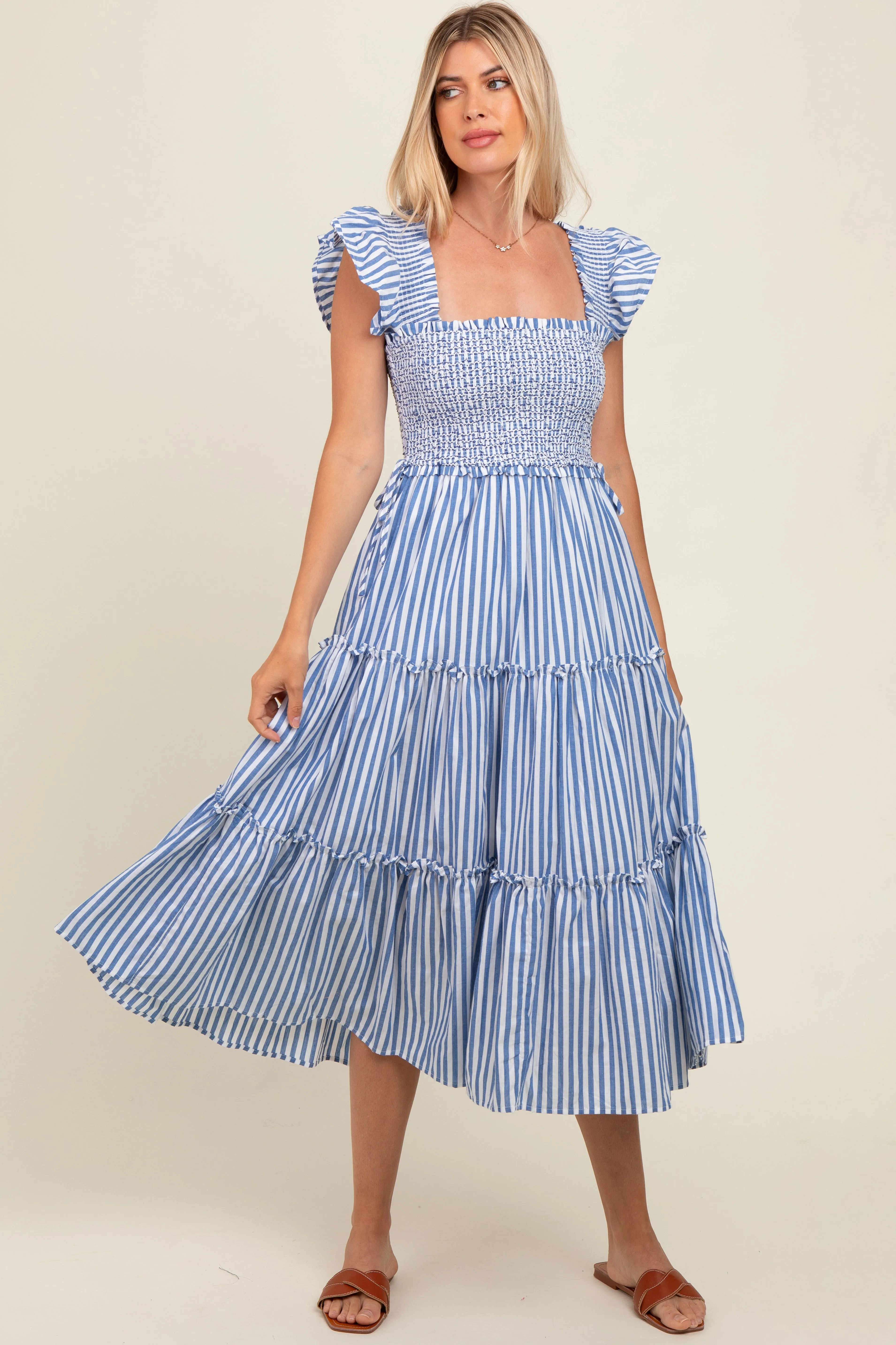 Blue Striped Smocked Ruffle Tiered Maternity Midi Dress sold by Pinkblush product image thumbnail 4