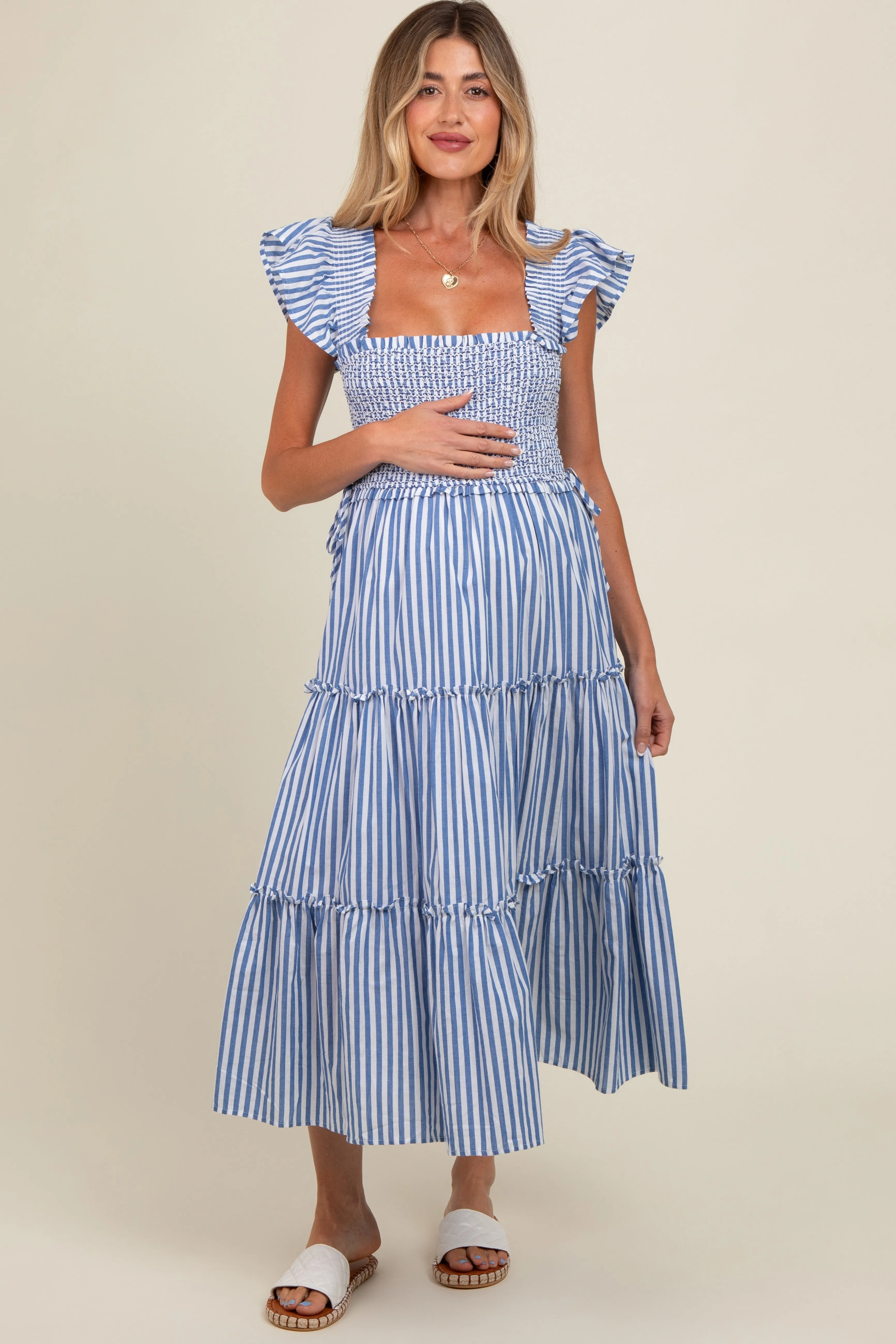 Blue Striped Smocked Ruffle Tiered Maternity Midi Dress sold by Pinkblush