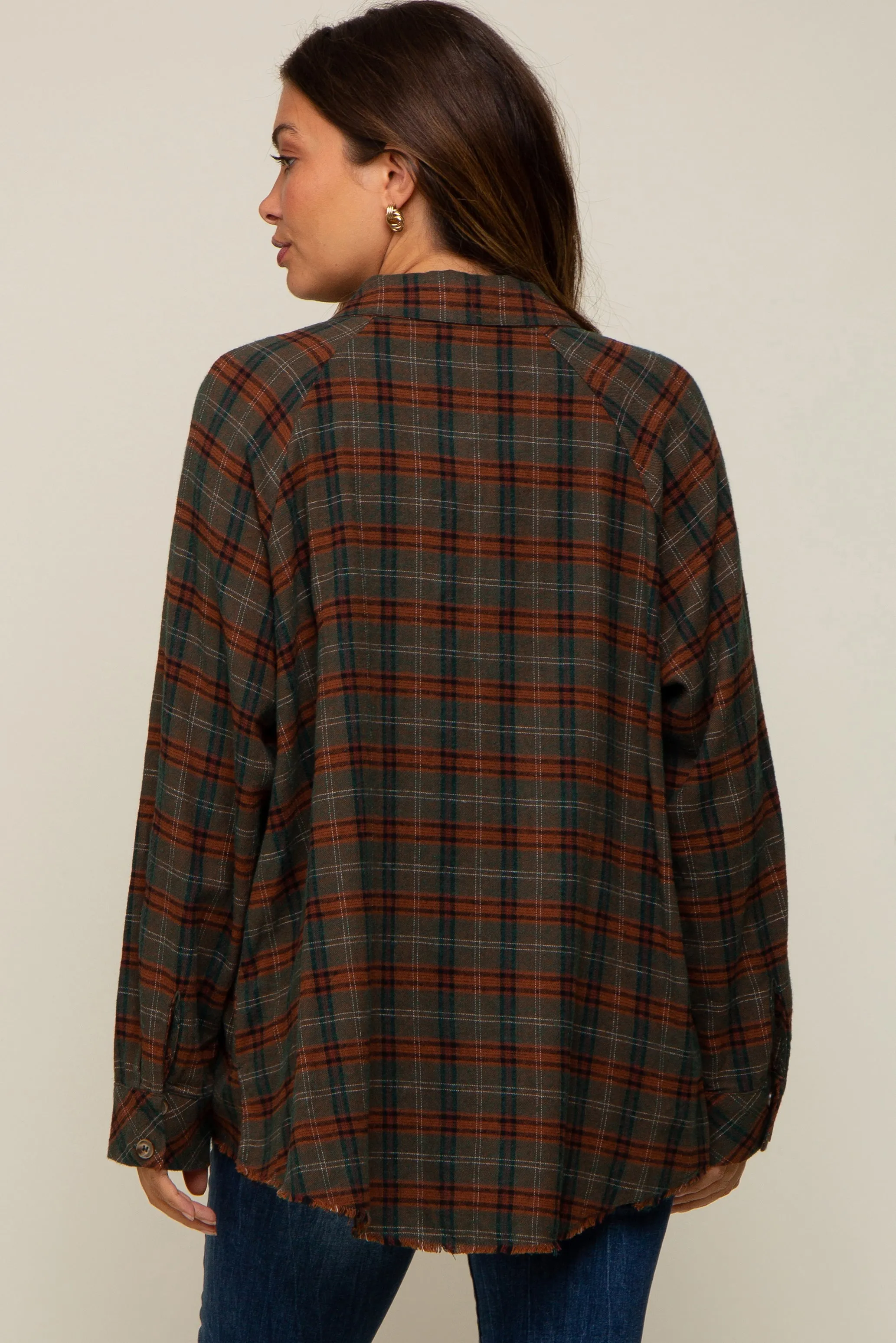 Olive Plaid Button Down Raw Edge Maternity Flannel Top sold by Pinkblush product image thumbnail 4